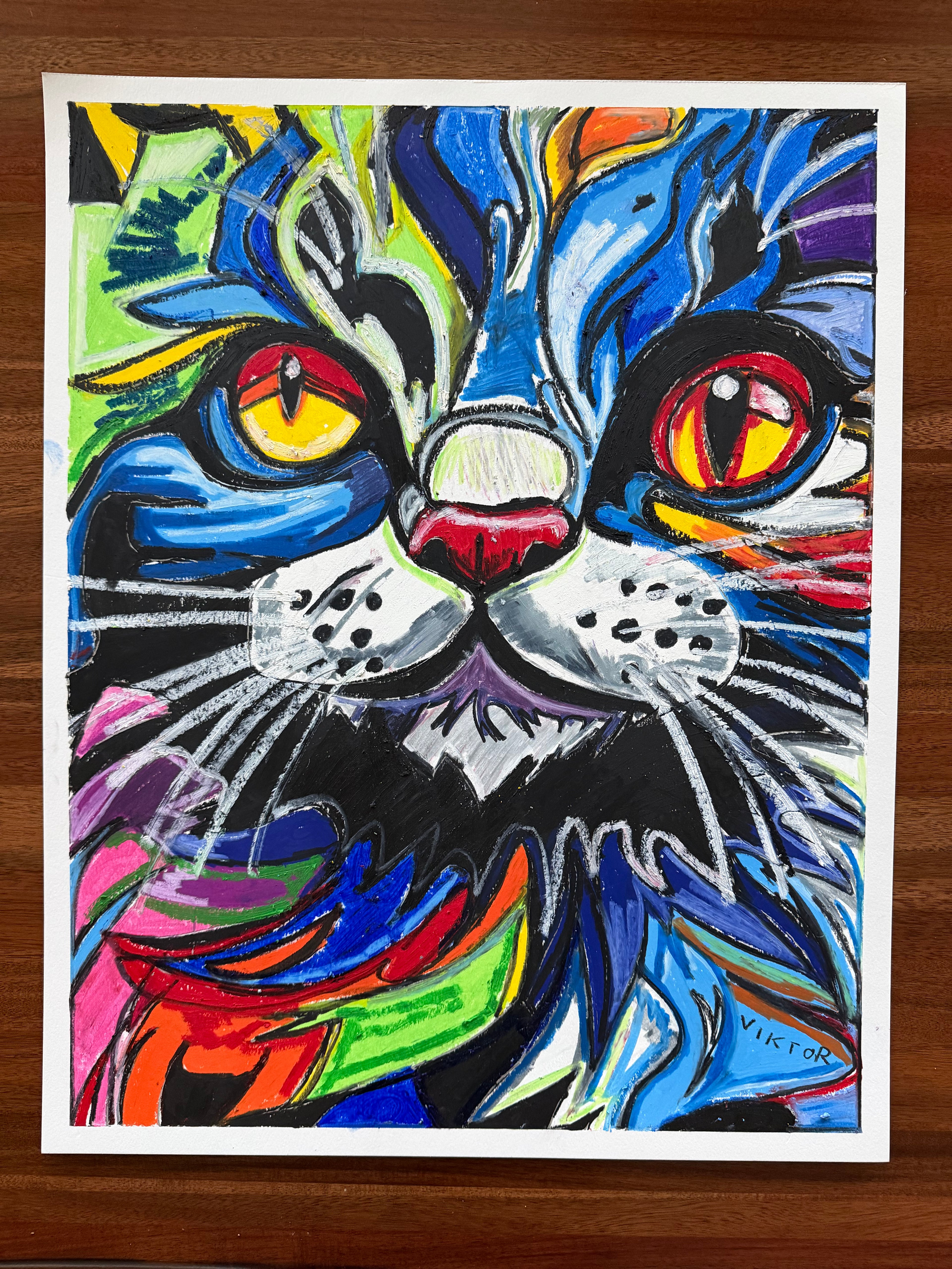 Vibrant Cat - ORIGINAL OIL PASTEL ARTWORK - 19x24" (video attached)