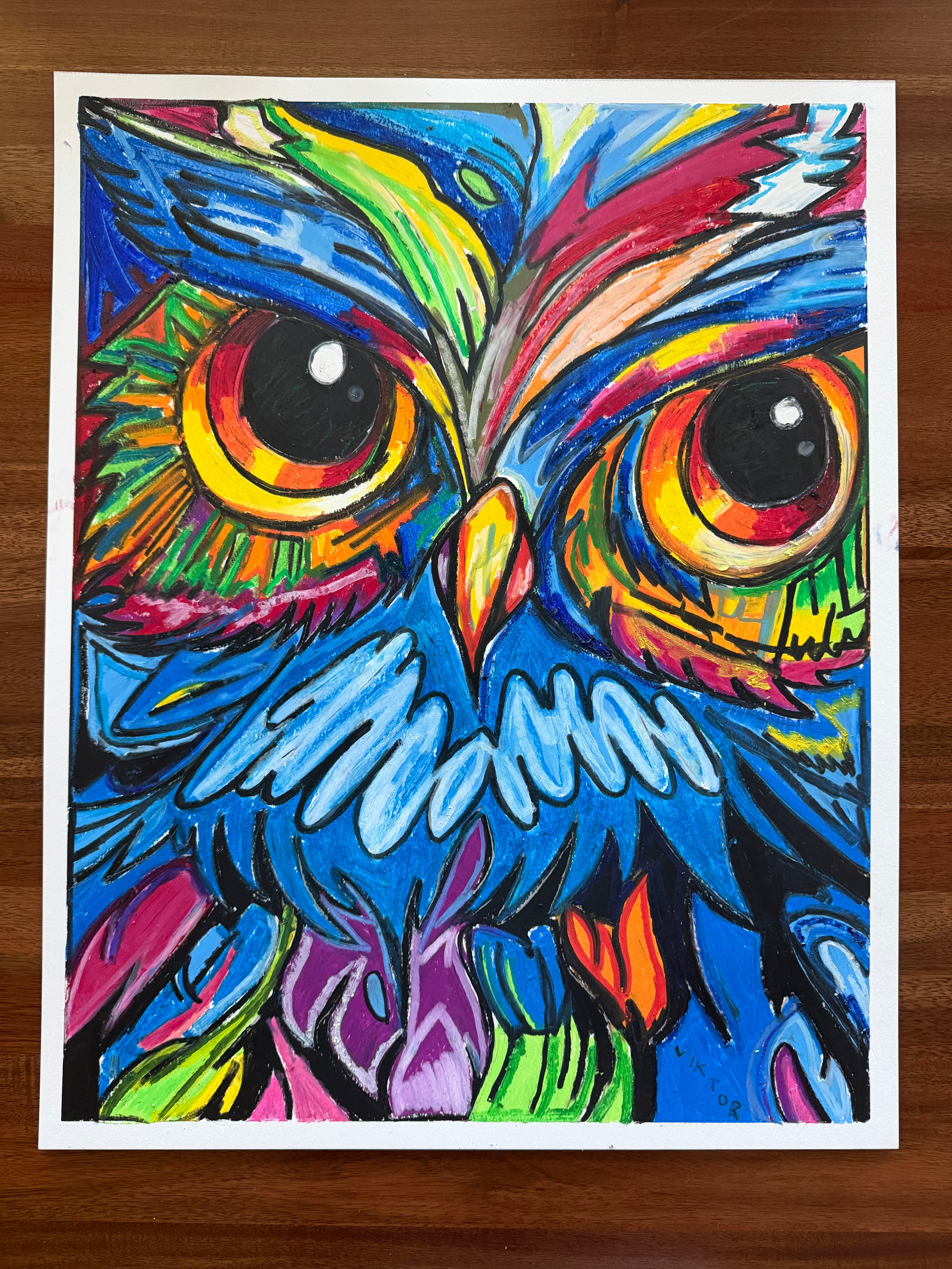 Vibrant Owl - ORIGINAL OIL PASTEL ARTWORK - 19x24" (video attached)