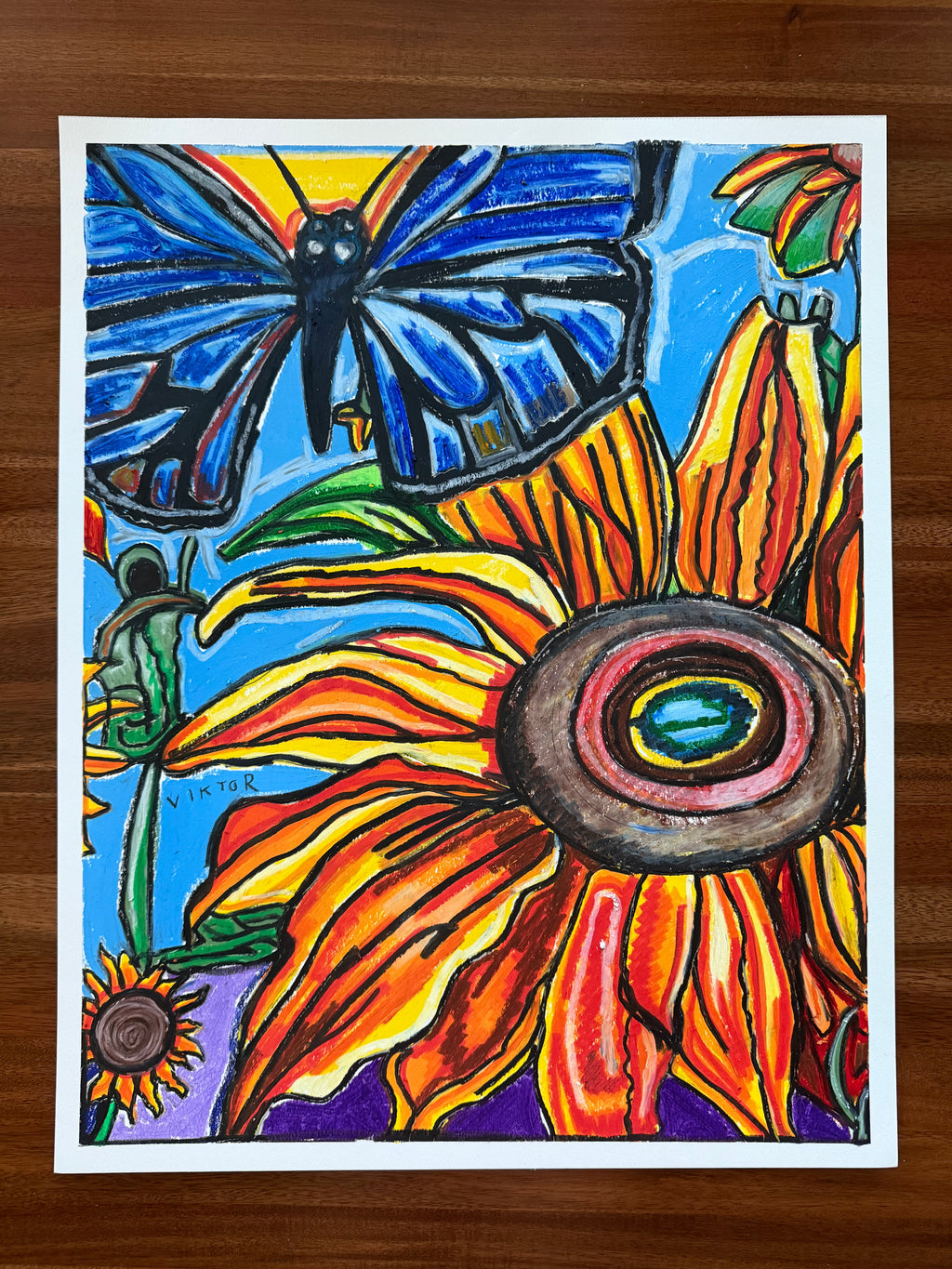 Sunflower and Blue Butterfly - ORIGINAL OIL PASTEL ARTWORK - 19x24" (video attached)