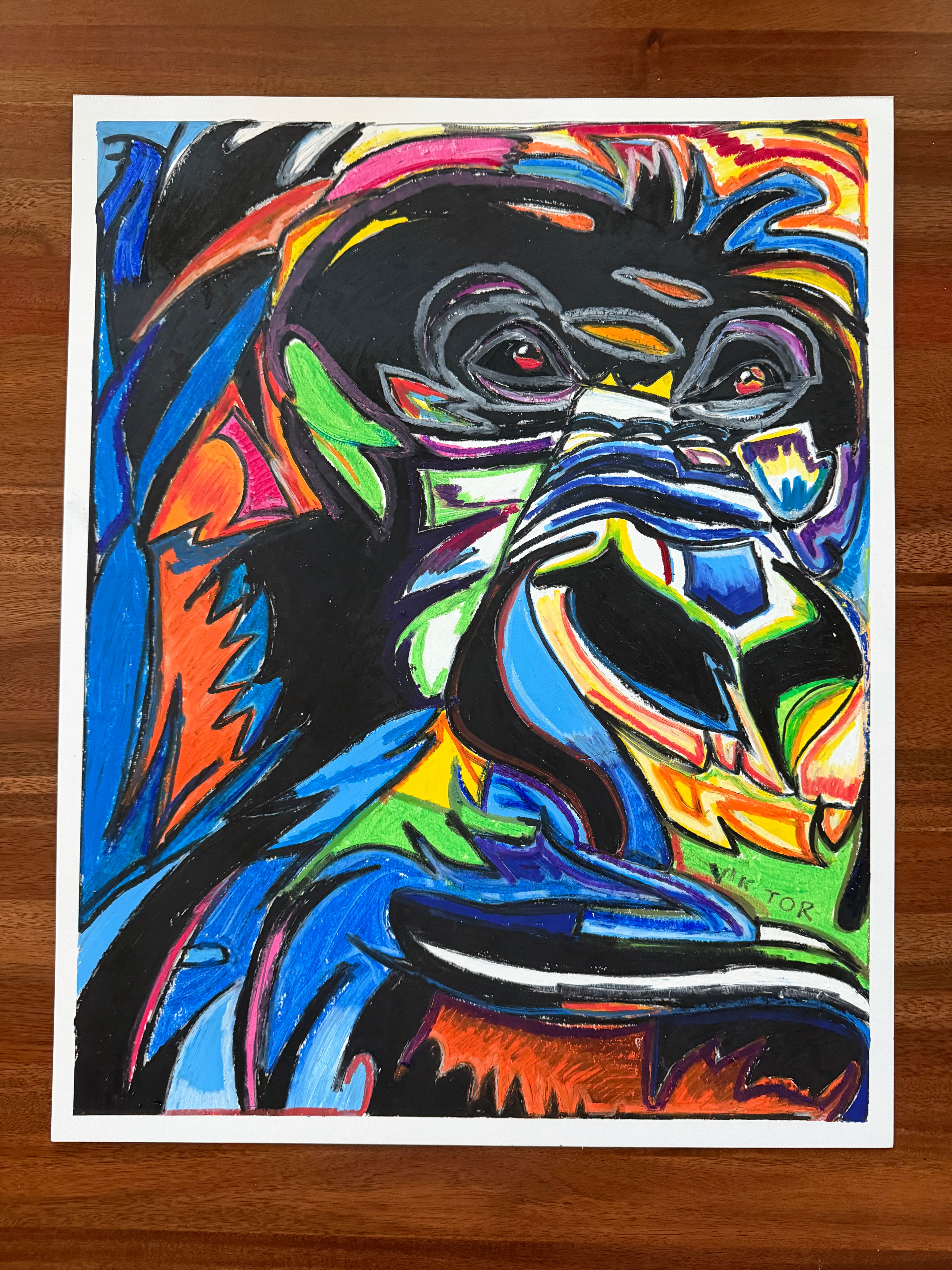 『マノエル・ピラー(Manuel Pillar)／トリコロール』8F号／油彩画 Abstract Gorilla - ORIGINAL OIL PASTEL ARTWORK - 19x24