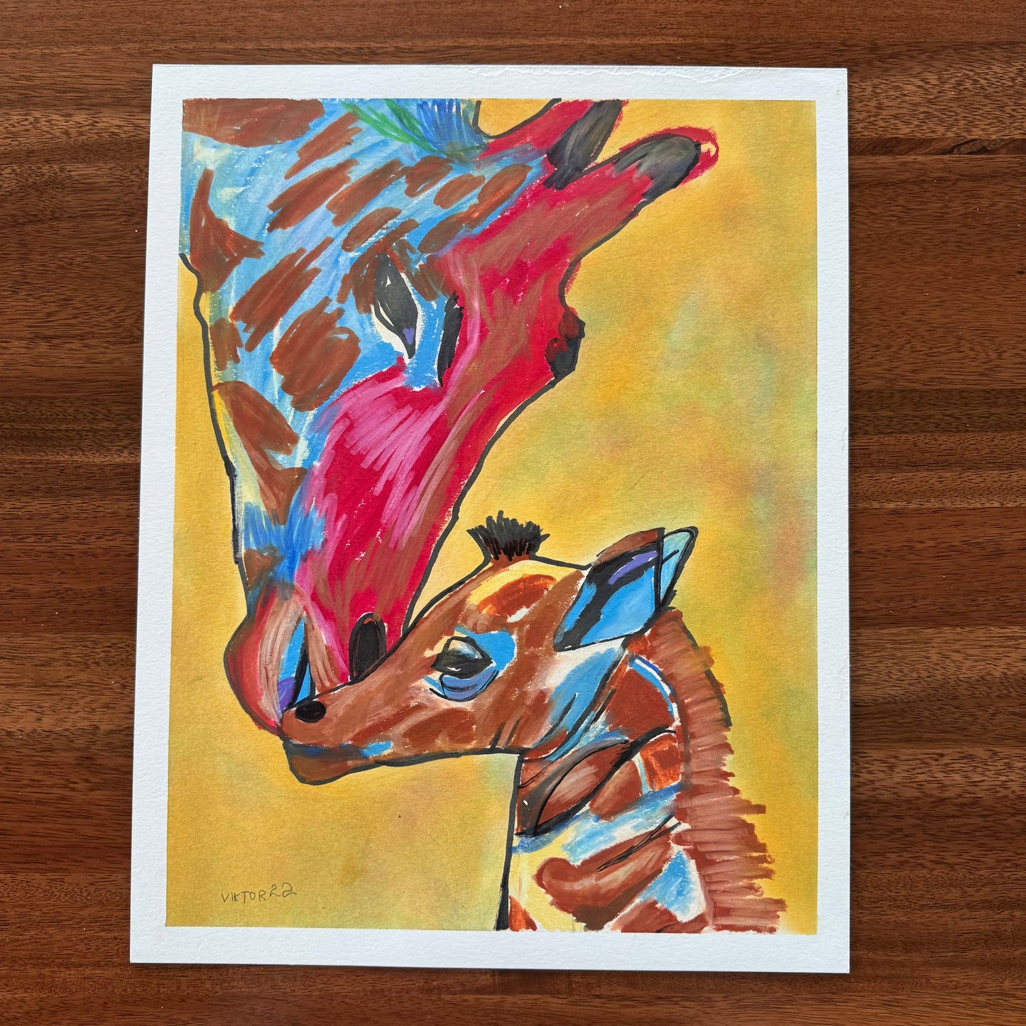 Mom and a Baby Giraffe - Original oil pastel artwork - 11x14”