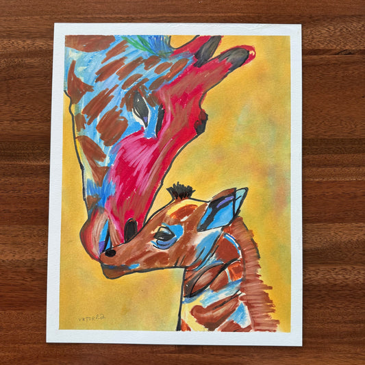 Mom and a Baby Giraffe - Original oil pastel artwork - 11x14”