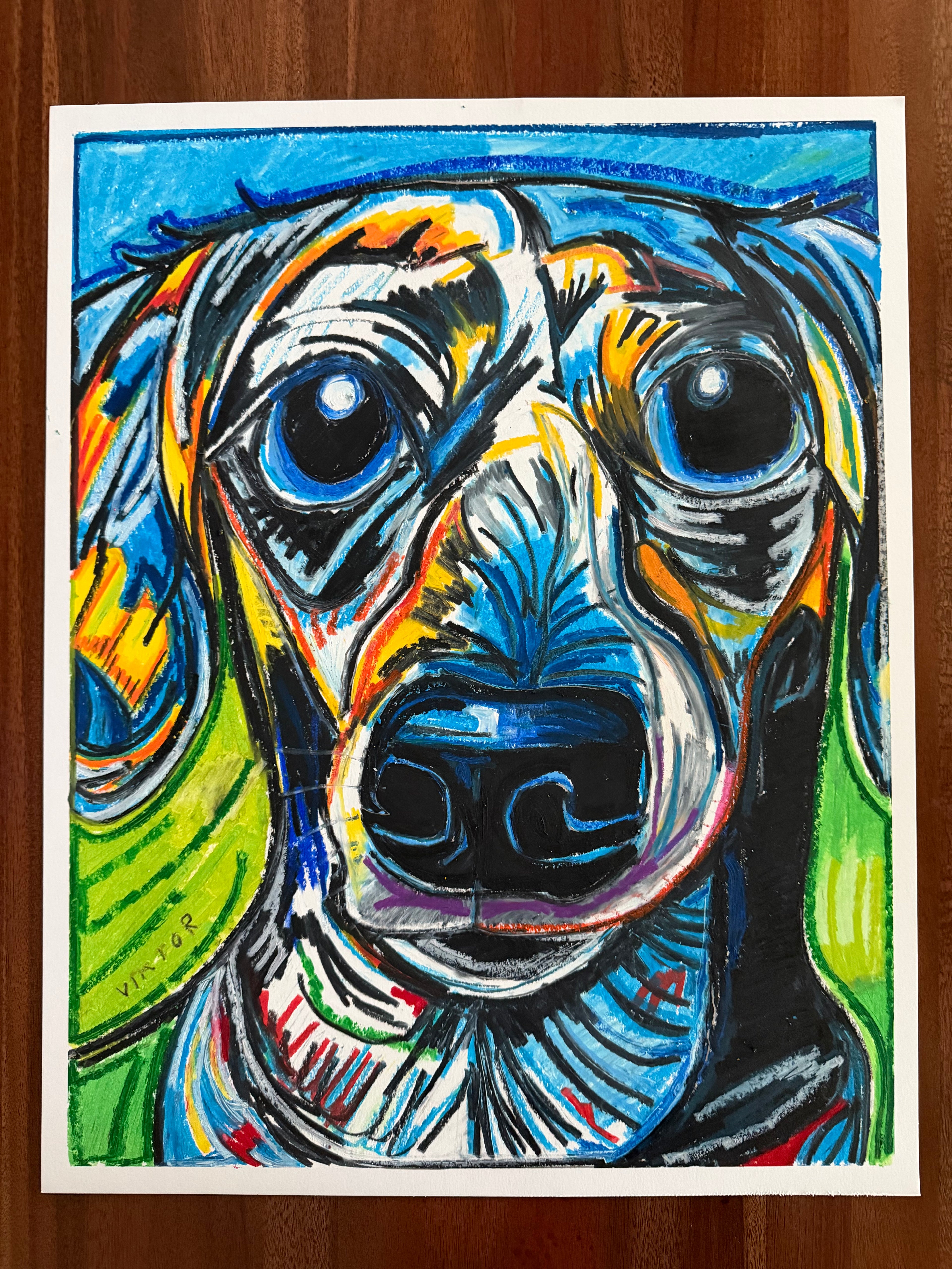 Blue Doxie - ORIGINAL OIL PASTEL ARTWORK - 19x24" (video attached)