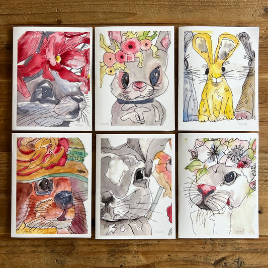 Bunny with Flowers - Greeting cards set of 6