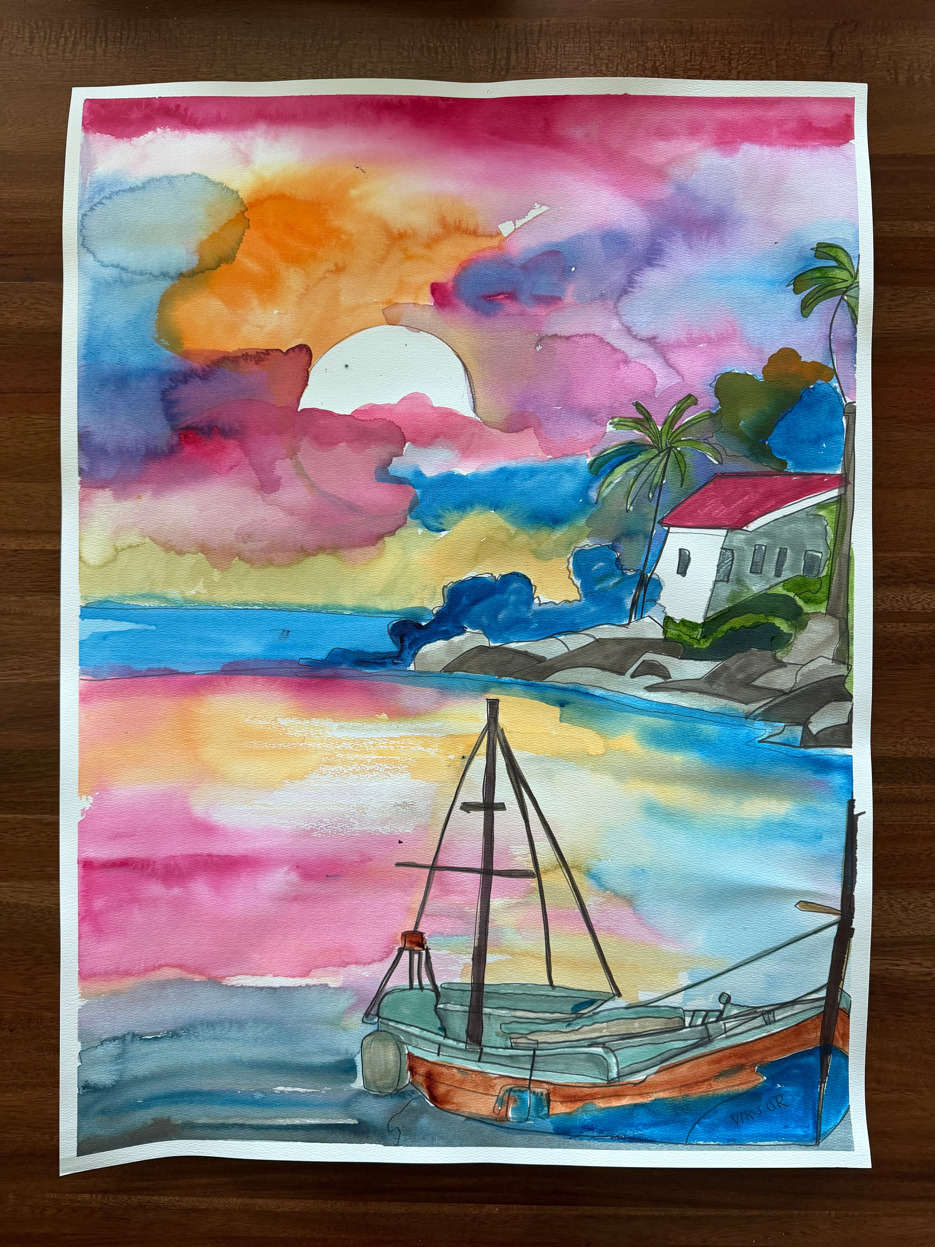 Sailing into the Sunset - ORIGINAL Watercolor artwork 22x30”