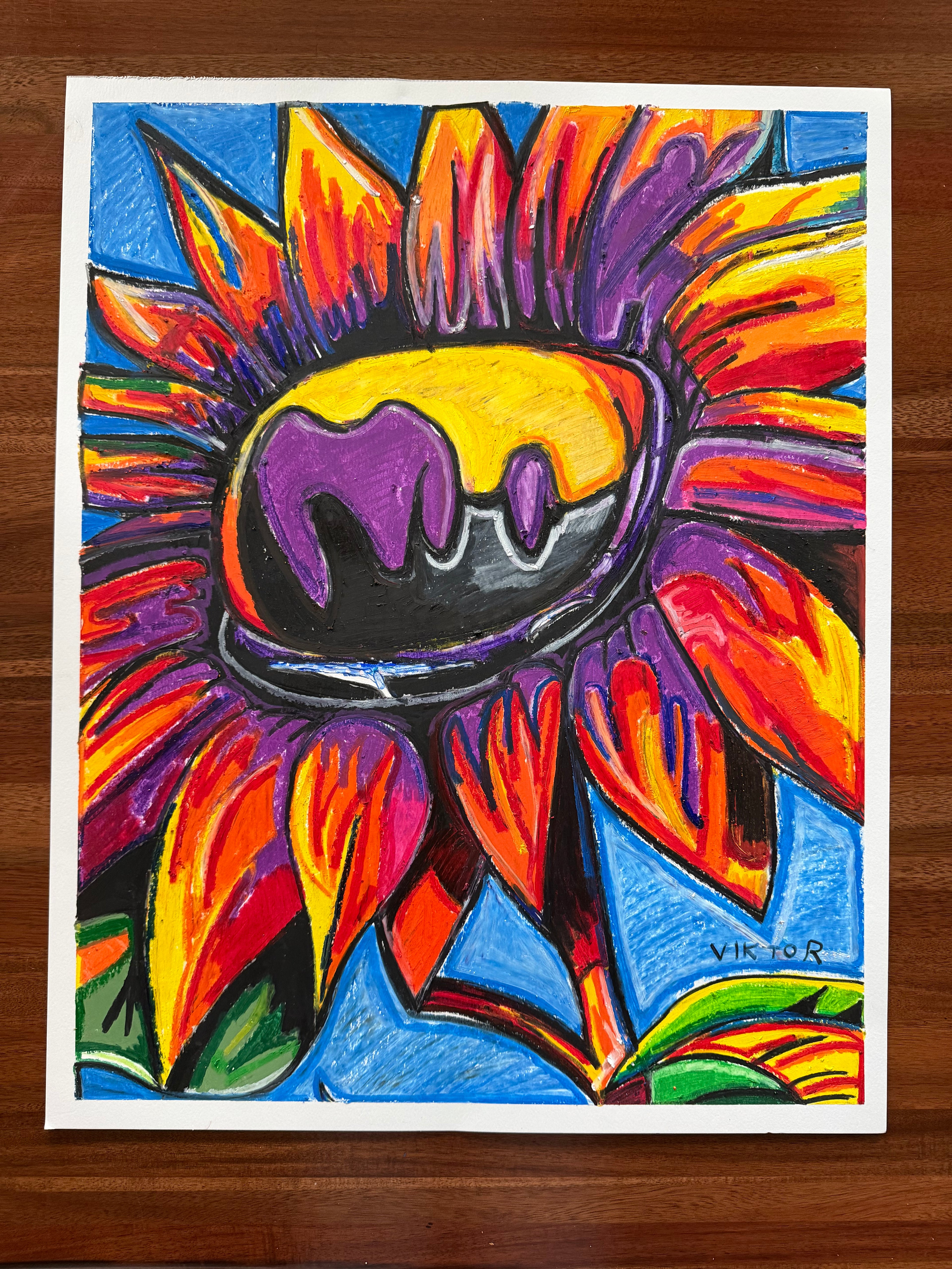 Abstract Sunflower - ORIGINAL OIL PASTEL ARTWORK - 19x24" (video attached)