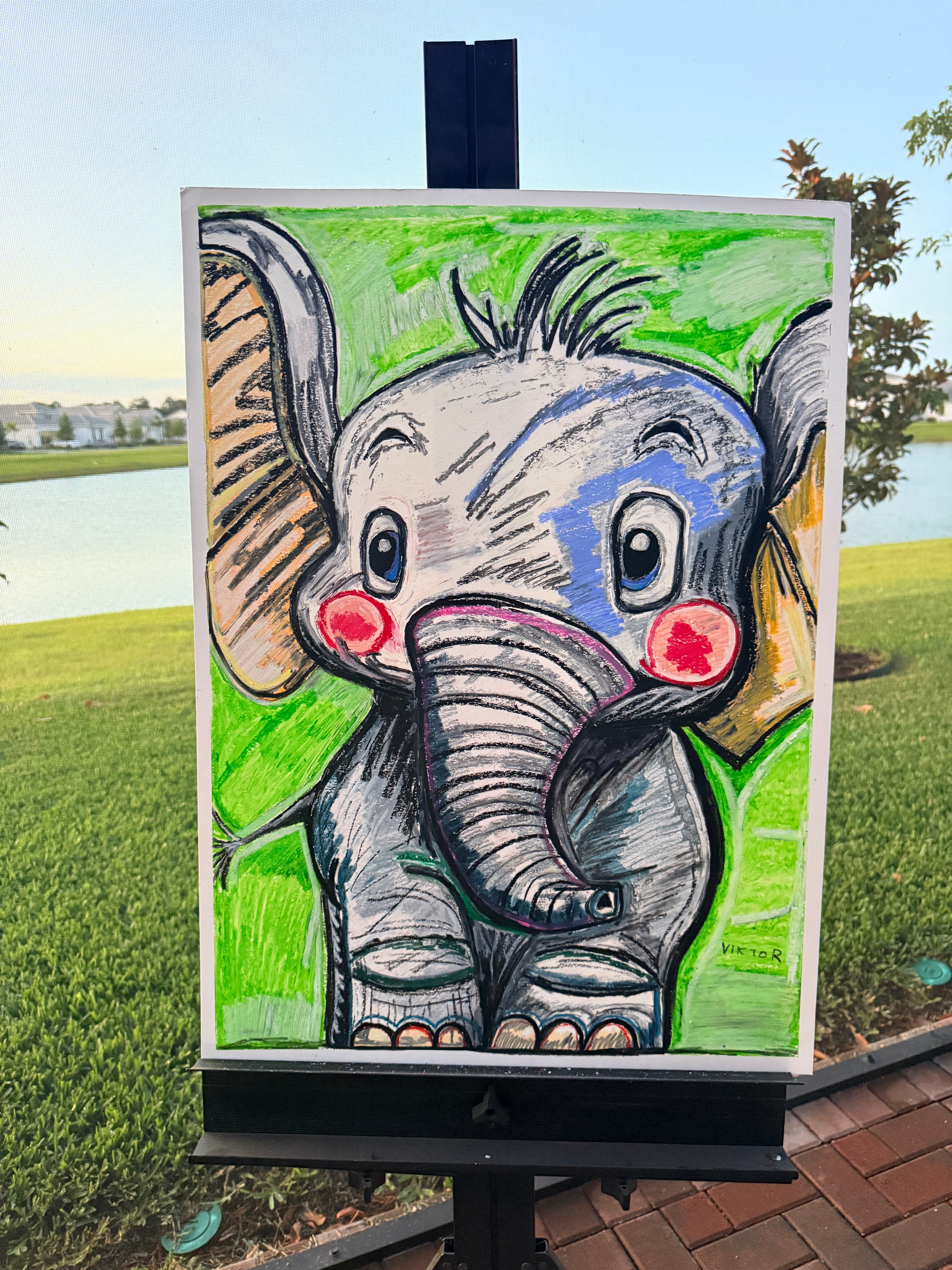The Cute Baby Elephant - ORIGINAL OIL PASTEL ARTWORK - 22x30"