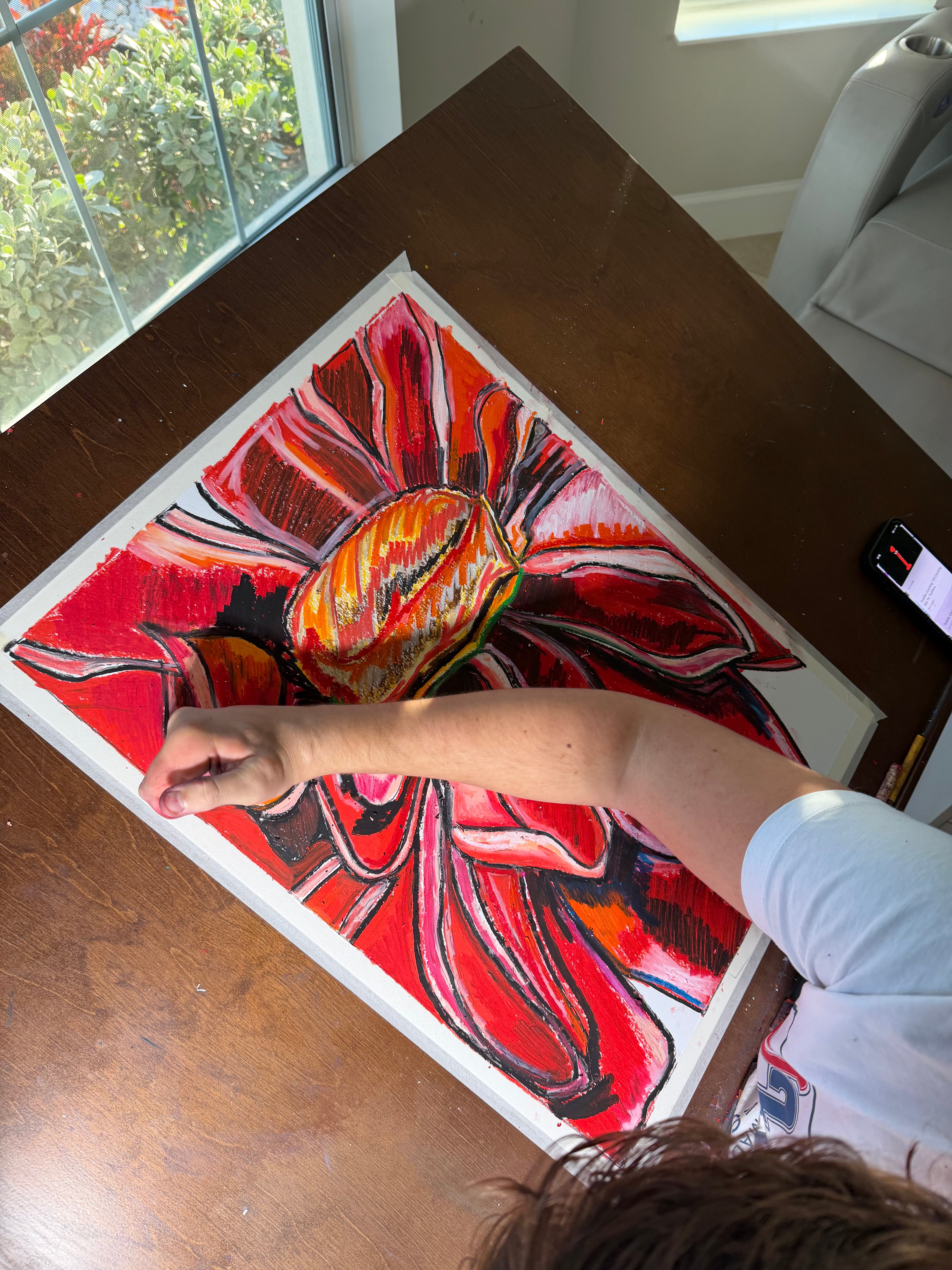 Red Zinnia - ORIGINAL OIL PASTEL ARTWORK - 19x24" (video attached)