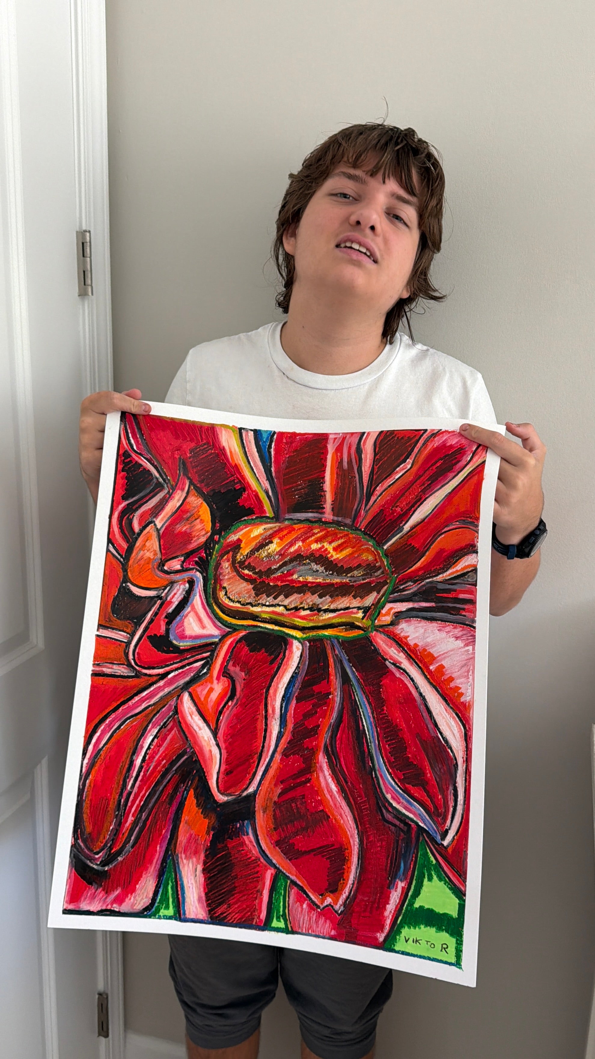 Red Zinnia - ORIGINAL OIL PASTEL ARTWORK - 19x24" (video attached)