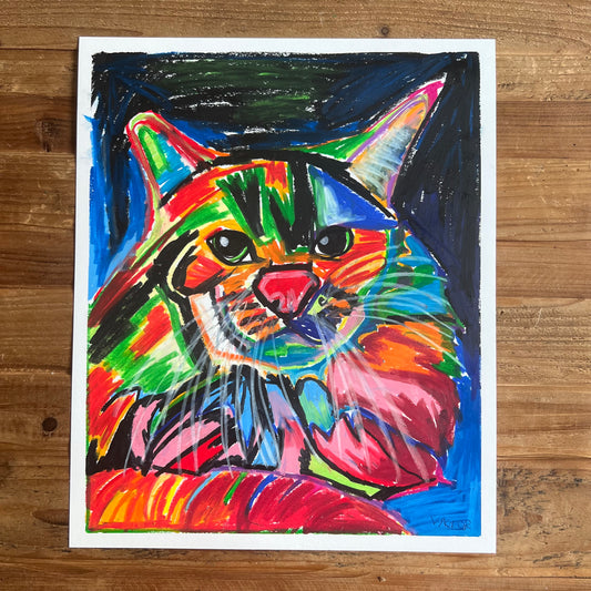 The Colorful Cat - ORIGINAL OIL PASTEL ARTWORK - 14x17""