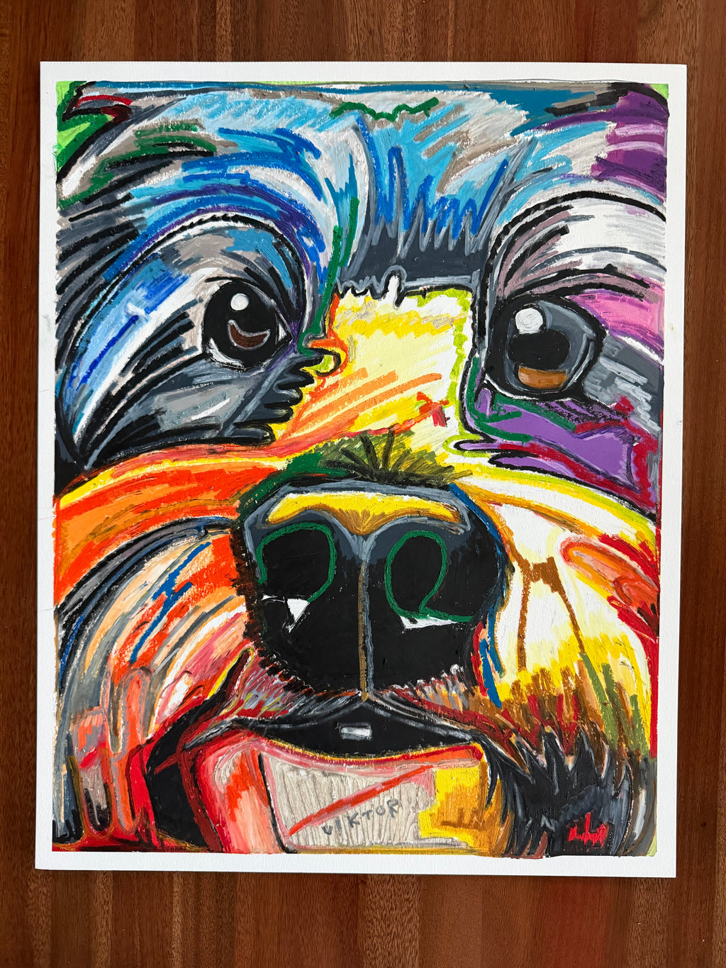 Colorful Schnoodle - ORIGINAL OIL PASTEL ARTWORK - 19x24" (video attached)