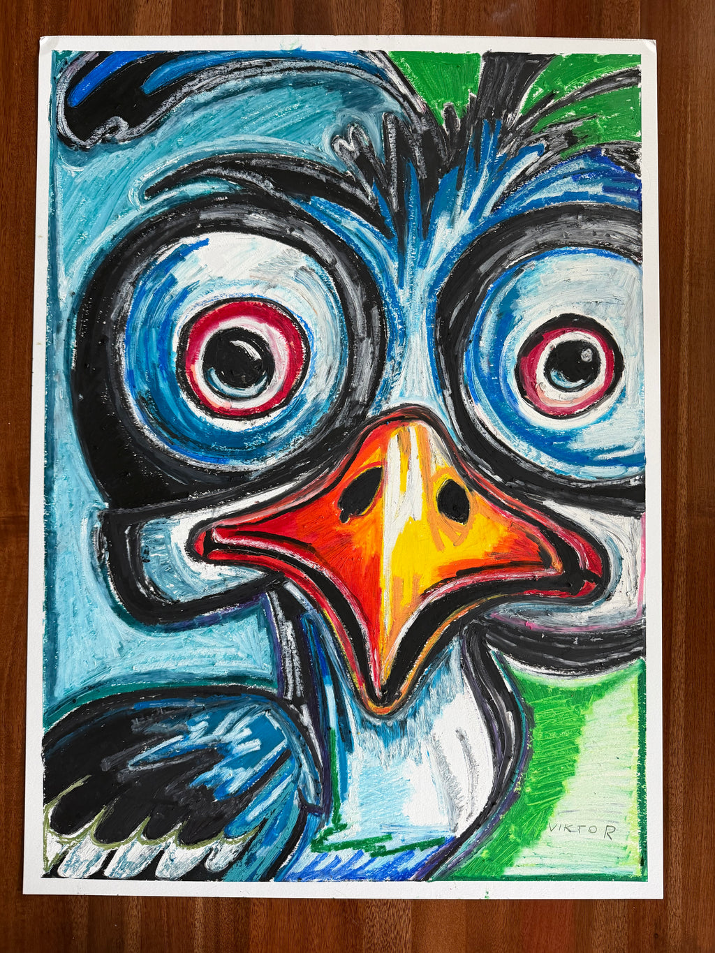 Whimsy Bird - ORIGINAL OIL PASTEL ARTWORK - 22x30" (video attached) - Vichy's Art