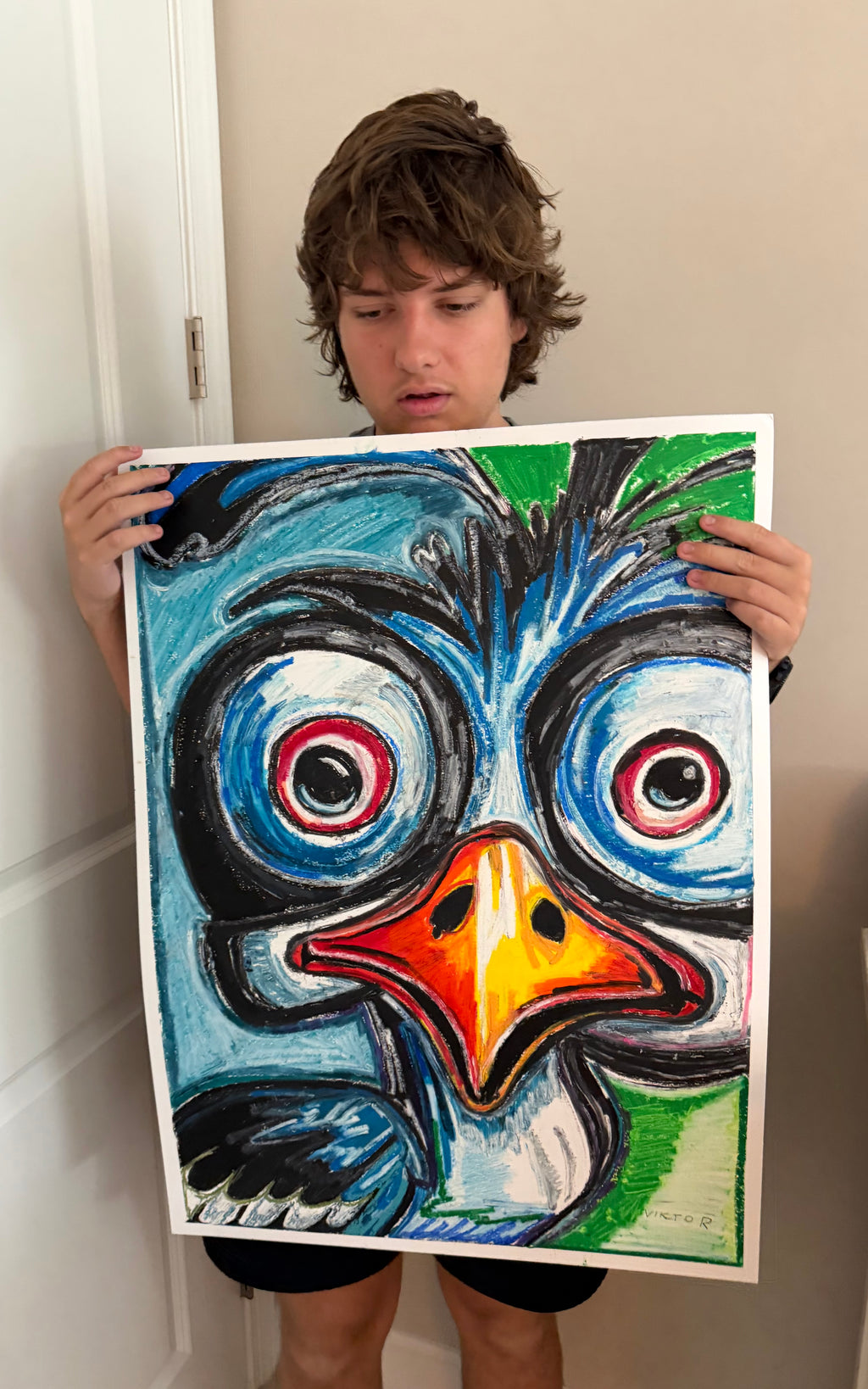 Whimsy Bird - ORIGINAL OIL PASTEL ARTWORK - 22x30" (video attached) - Vichy's Art