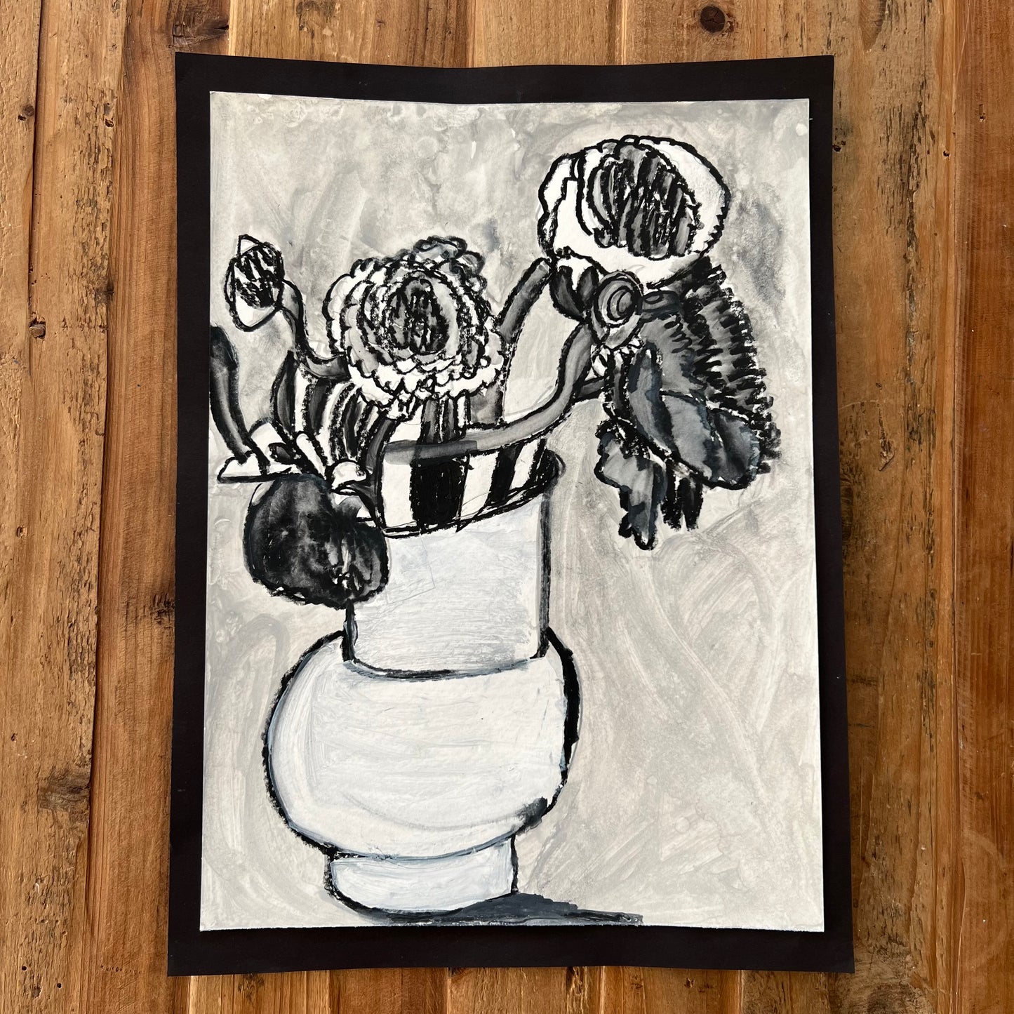 Black Flowers in the Vase  - V - ORIGINAL 11x15” mixed media