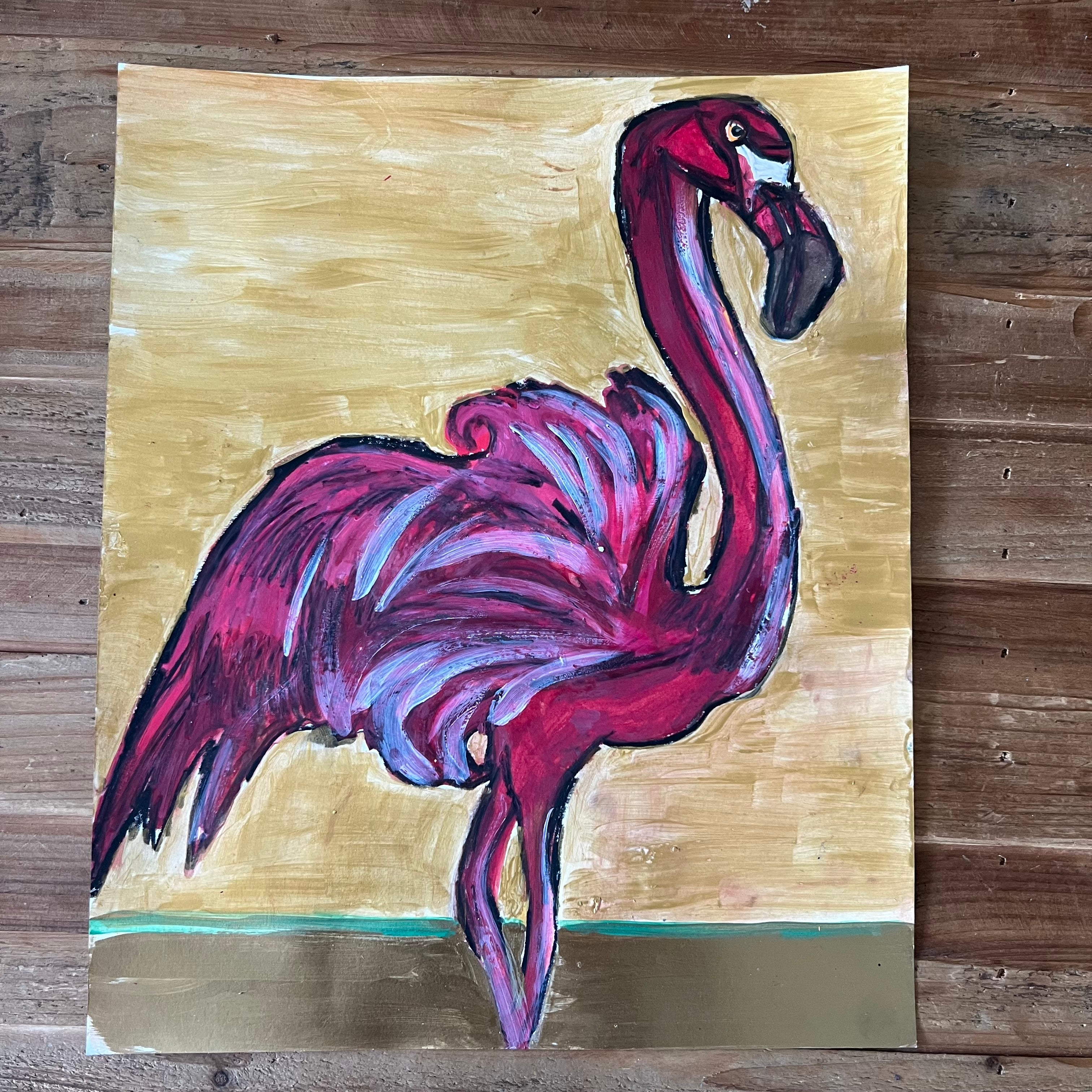 Flamingo Pool - Handmade buy Original Oil Painting 10 x 8 inc