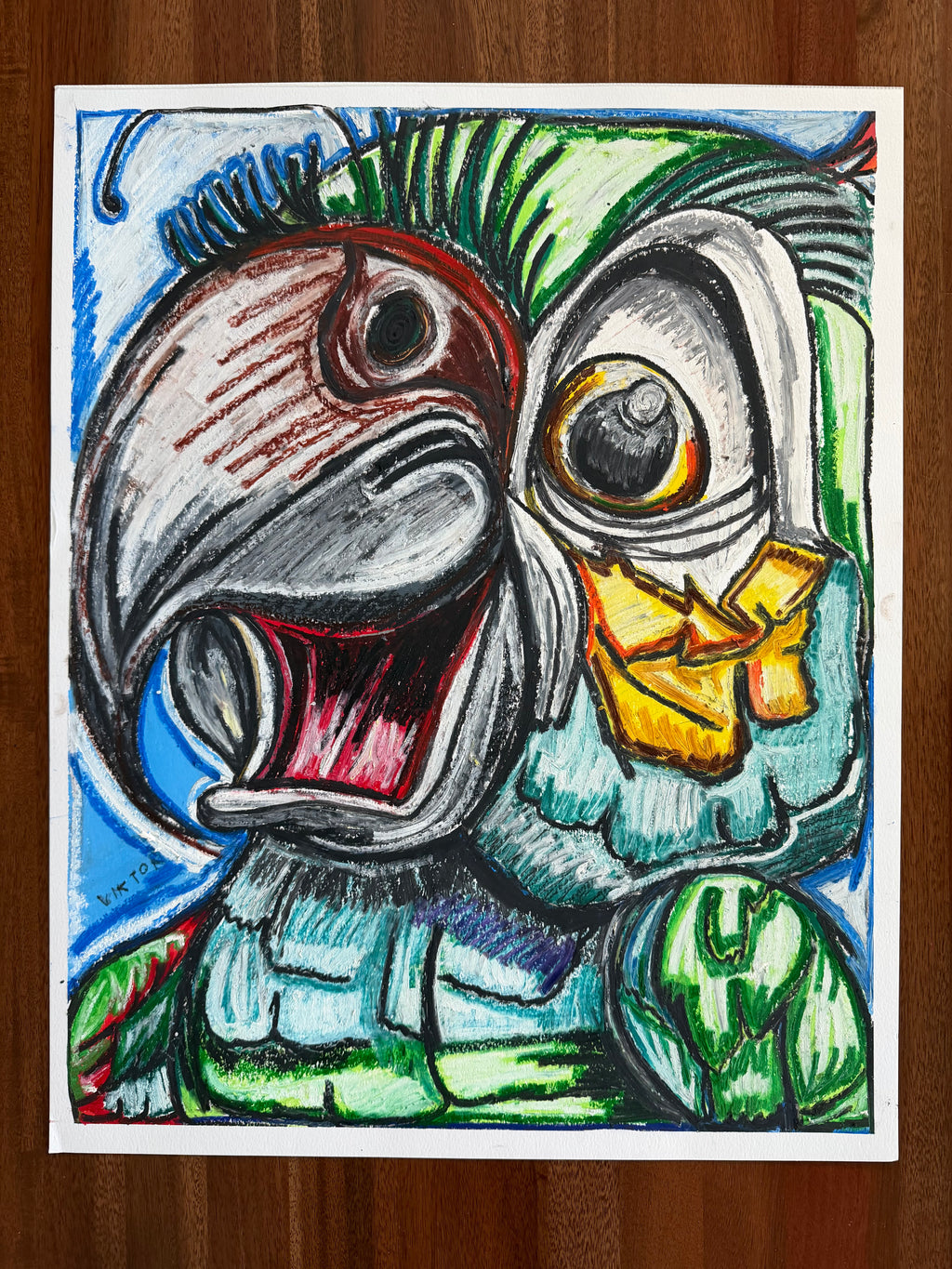 The Green Parrot - ORIGINAL OIL PASTEL ARTWORK - 19x24" (video attached)