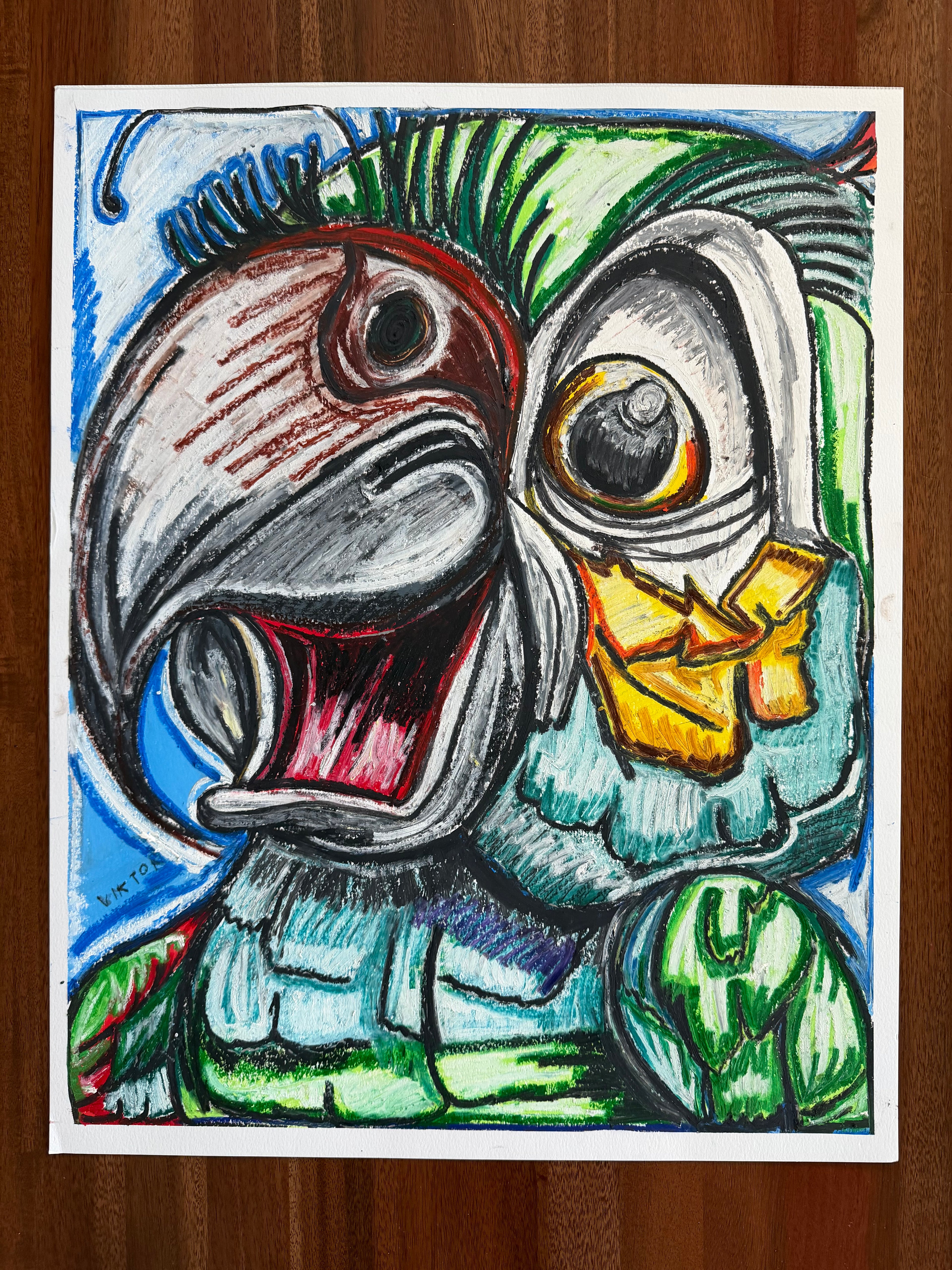 The Green Parrot - ORIGINAL OIL PASTEL ARTWORK - 19x24" (video attached)