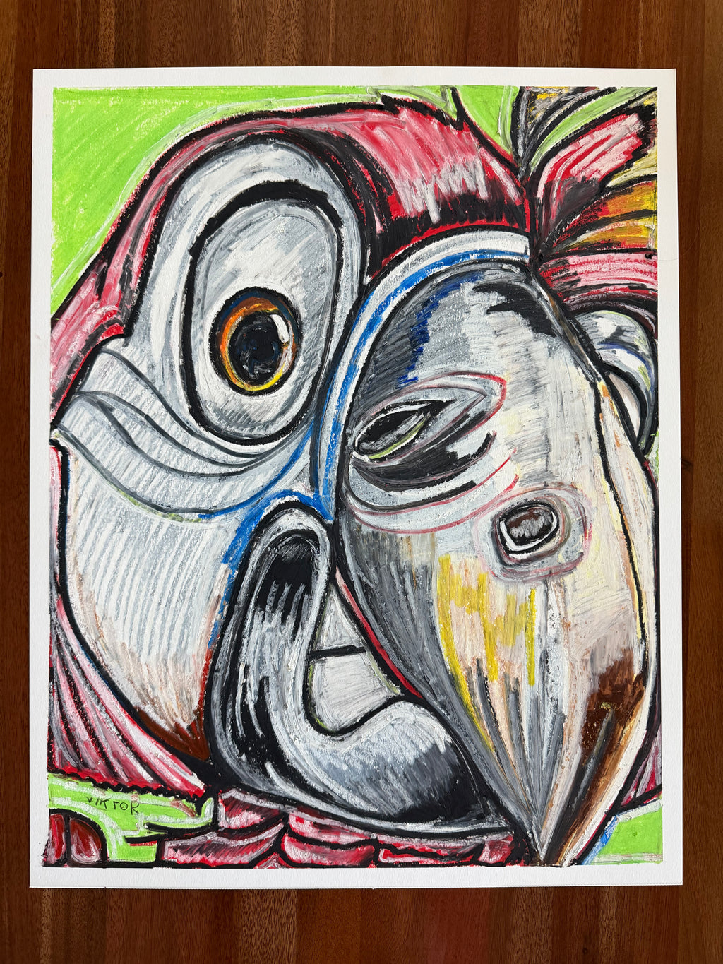 The Red Parrot - ORIGINAL OIL PASTEL ARTWORK - 19x24" (video attached)