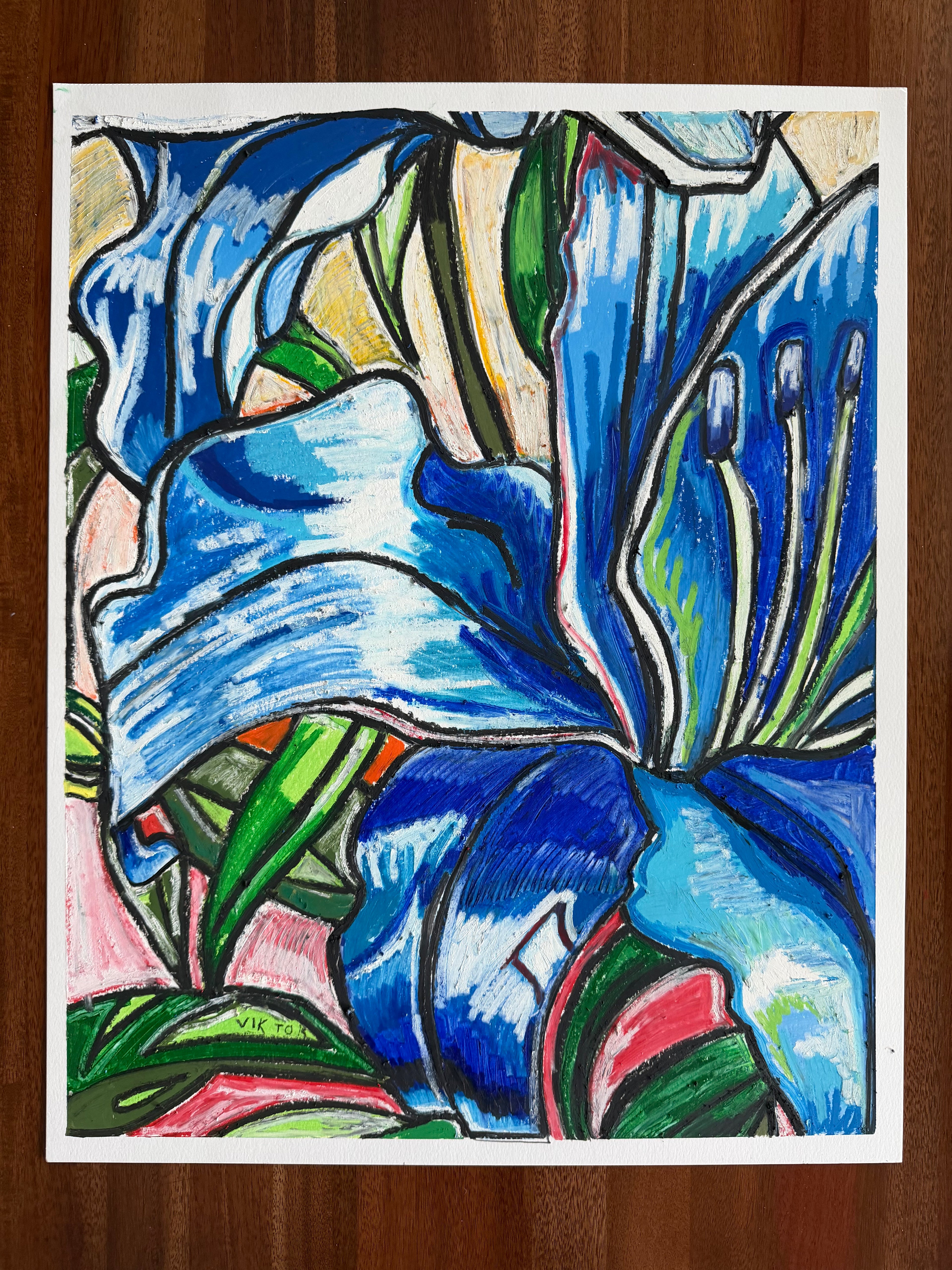 Blue Lily - ORIGINAL OIL PASTEL ARTWORK - 19x24" (video attached)