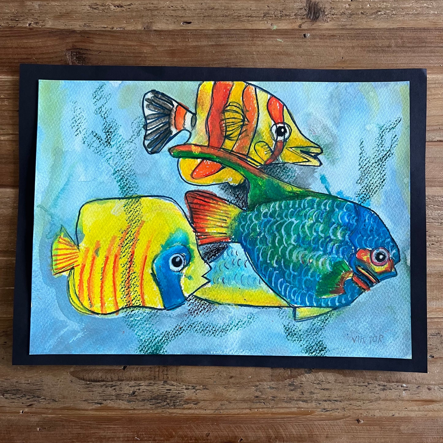 Three Colorful Fish  - ORIGINAL Artwork - 11x15” - mixed media