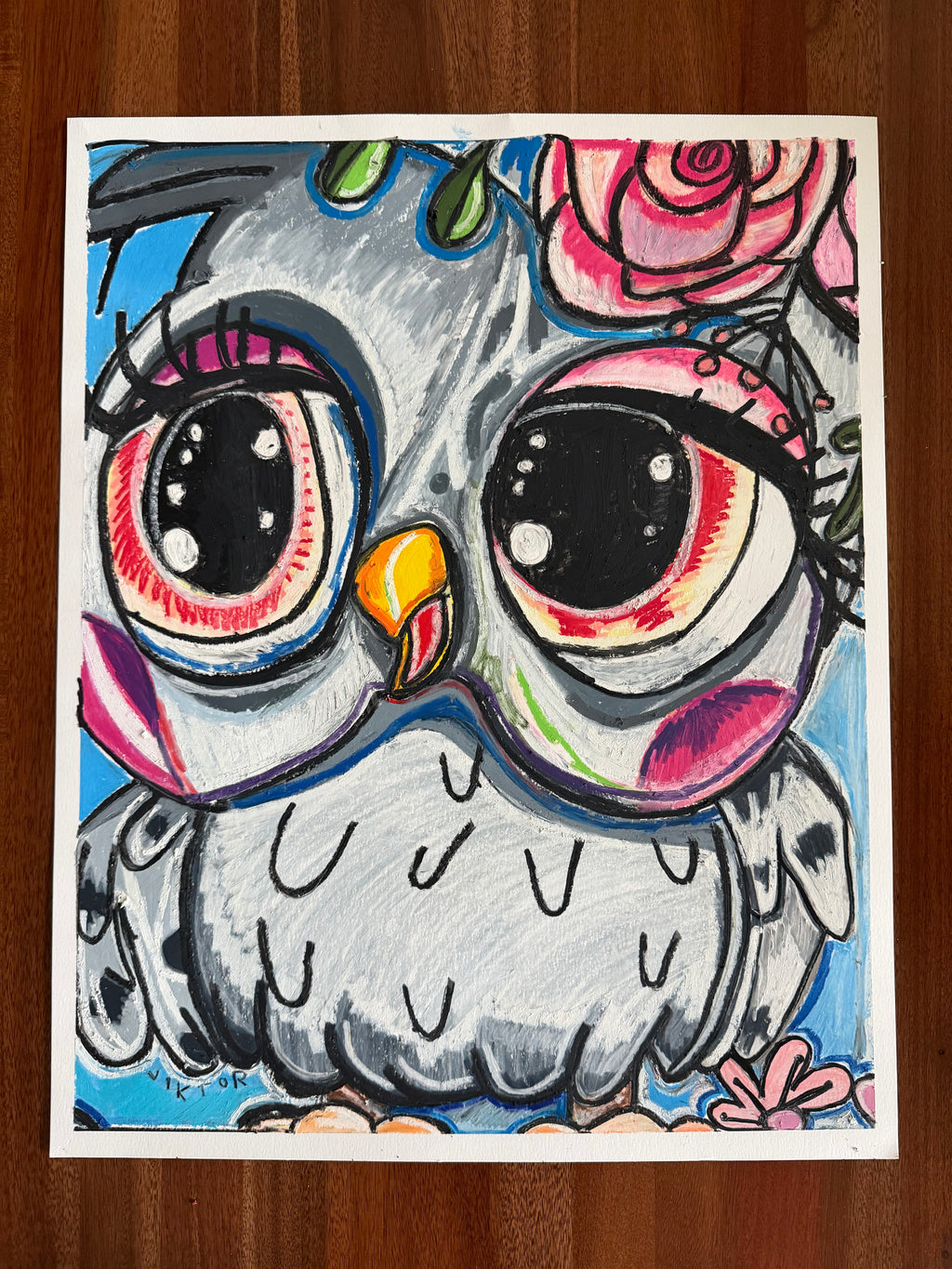 Lady Owl - ORIGINAL OIL PASTEL ARTWORK - 19x24" (video attached)