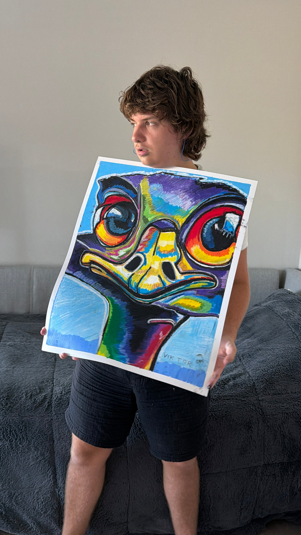 The Colorful Emu - ORIGINAL OIL PASTEL ARTWORK - 19x24" (video attached)