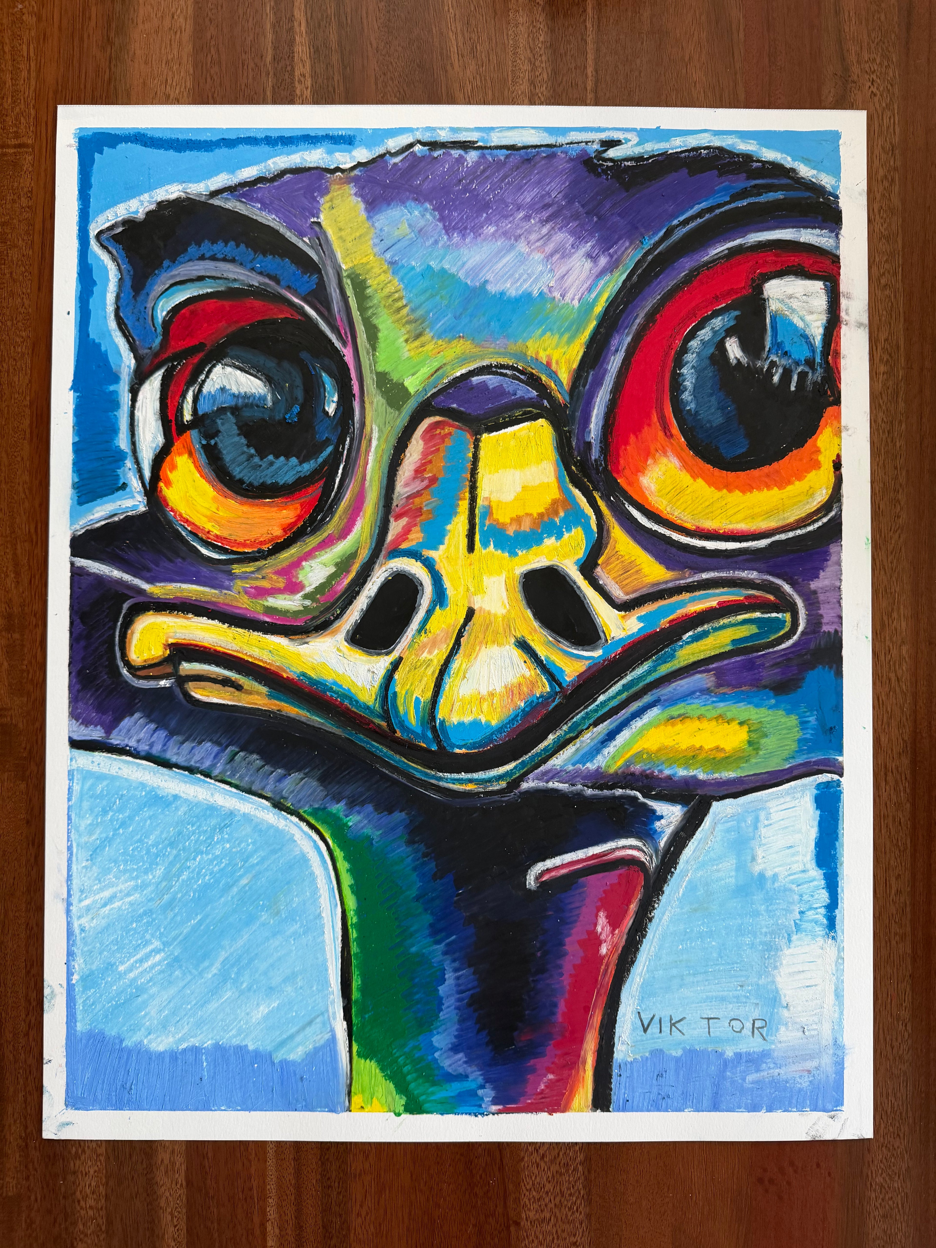 The Colorful Emu - ORIGINAL OIL PASTEL ARTWORK - 19x24" (video attached)