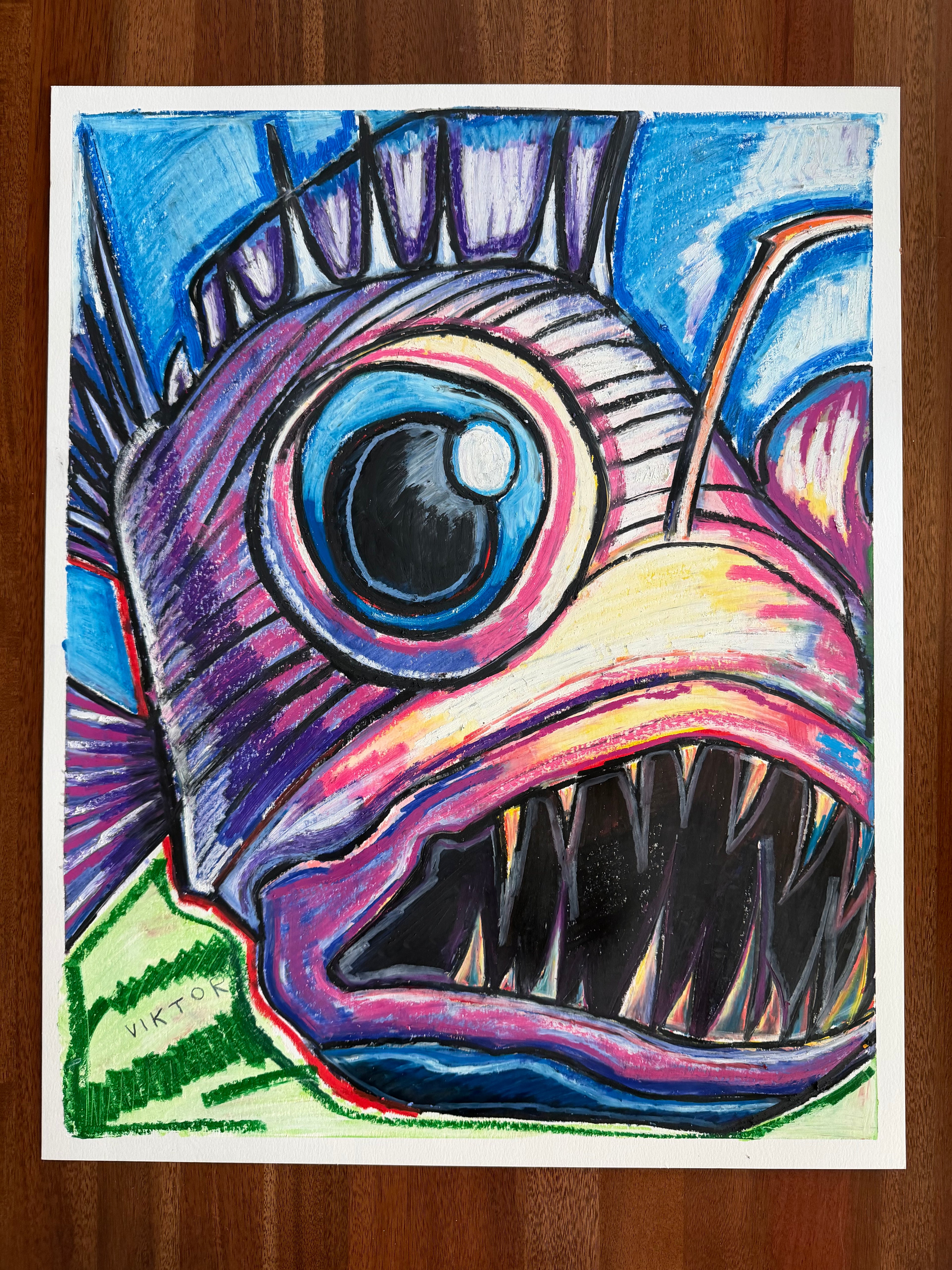 Angler Fish - Original oil pastels artwork 19x24” (video attached)