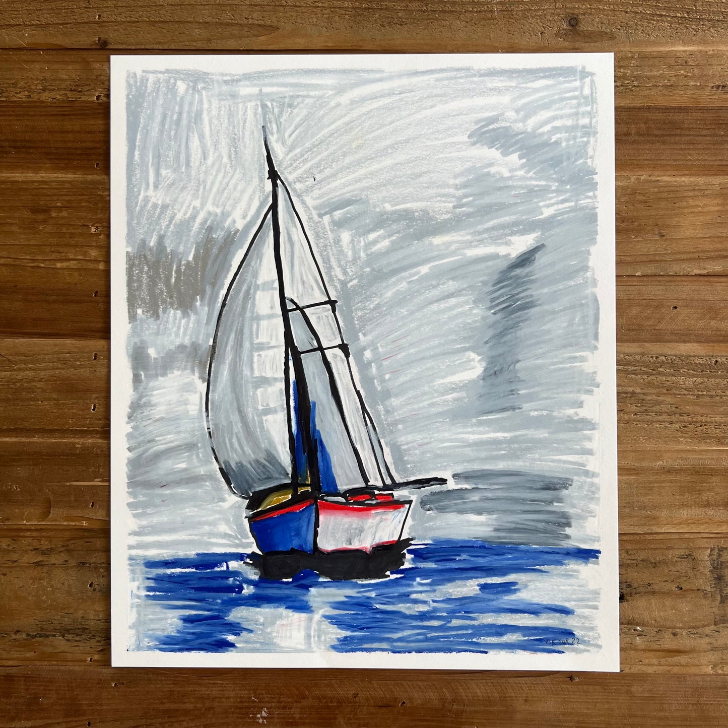 Blue Sailboat - ORIGINAL 14x17”