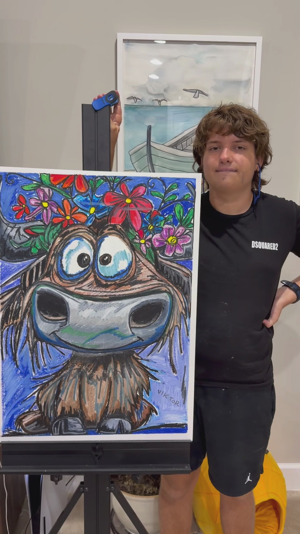 Floral Cow - ORIGINAL OIL PASTEL ARTWORK - 22x30" (video attached)