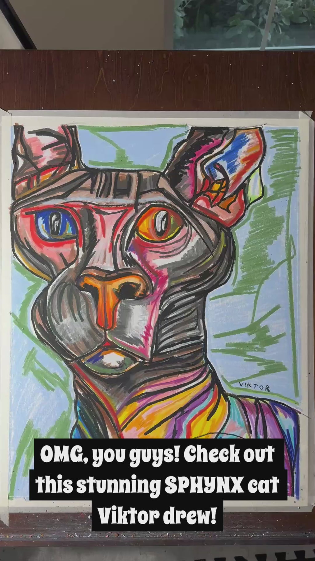 Sphynx Cat - ORIGINAL OIL PASTEL ARTWORK - 19x24" (video attached)