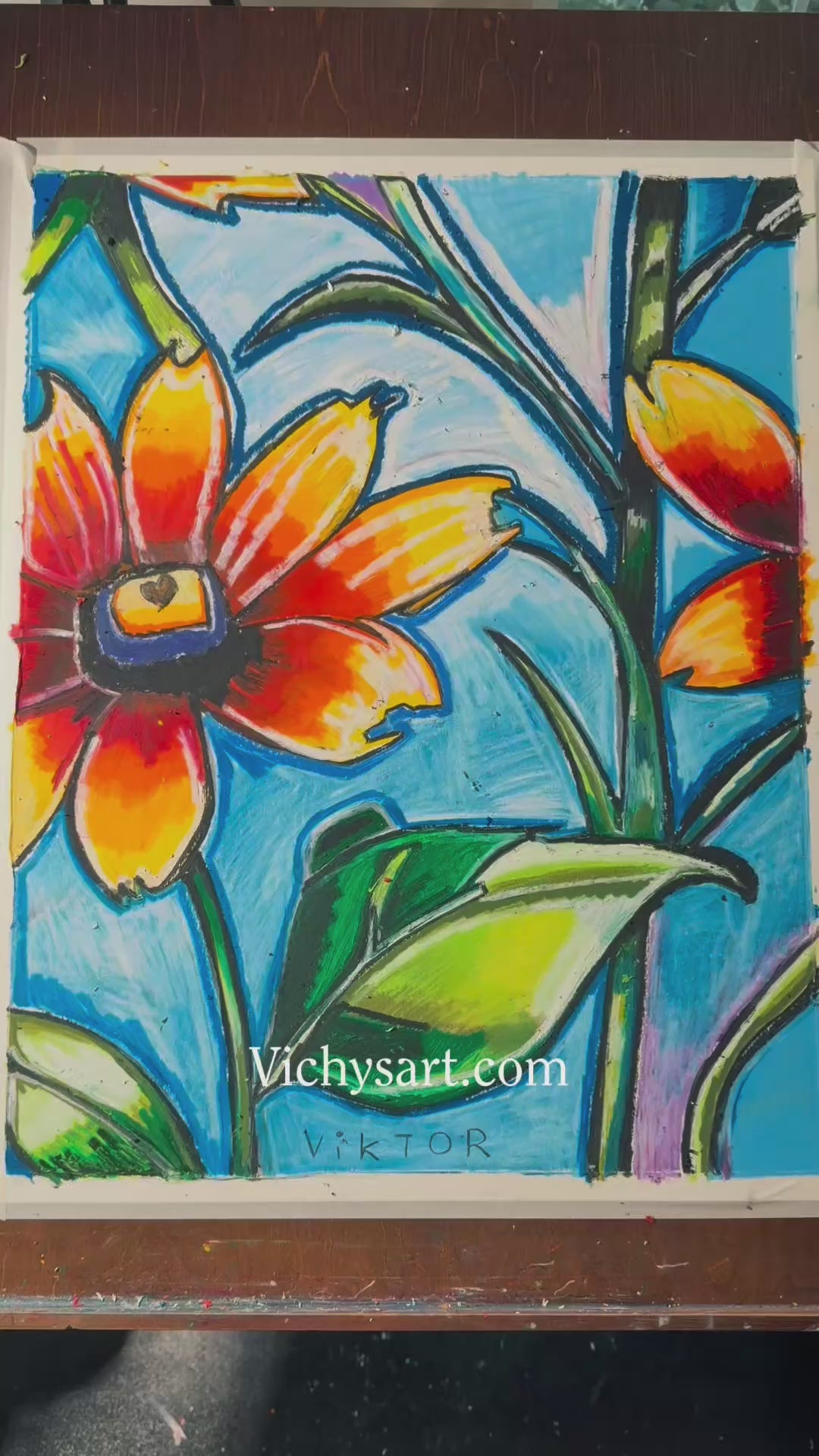 Orange Gerbera Daisy - ORIGINAL OIL PASTEL ARTWORK - 19x24" (video attached)