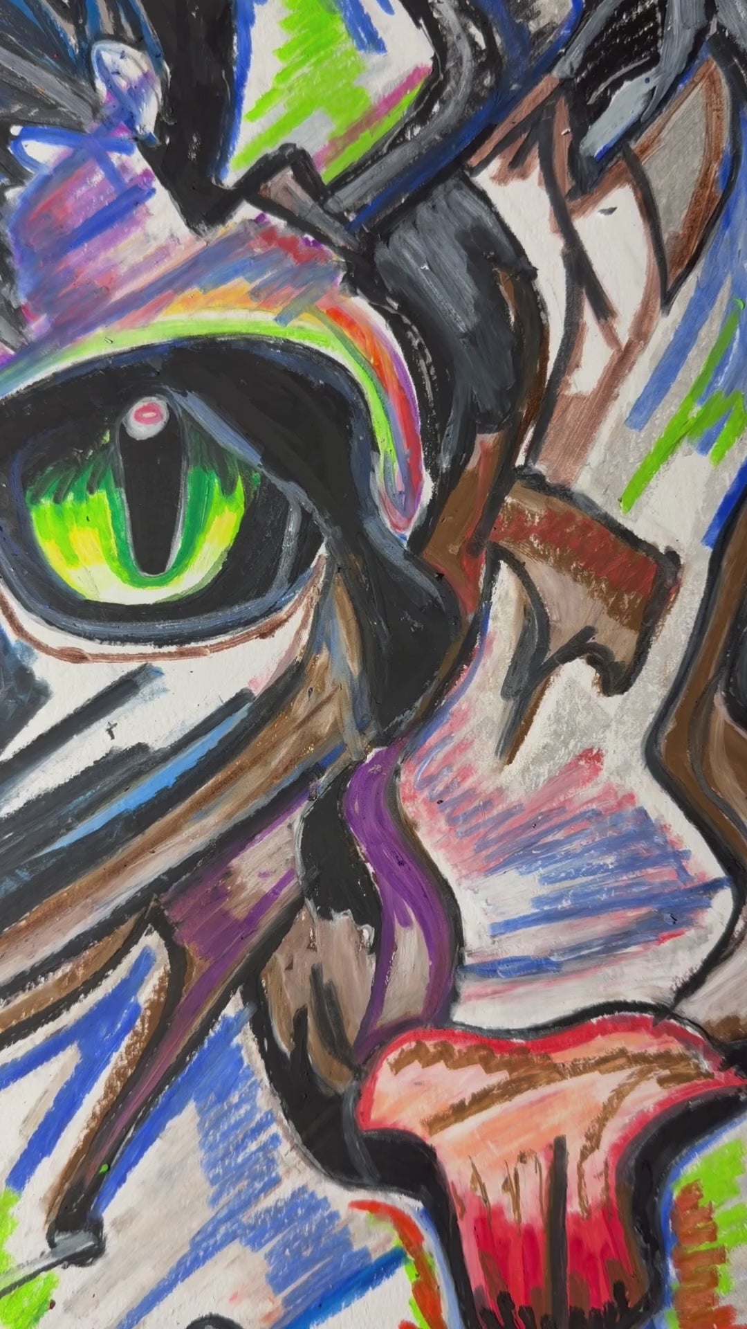 Green Eyes Cat - ORIGINAL OIL PASTEL ARTWORK - 19x24" (video attached)