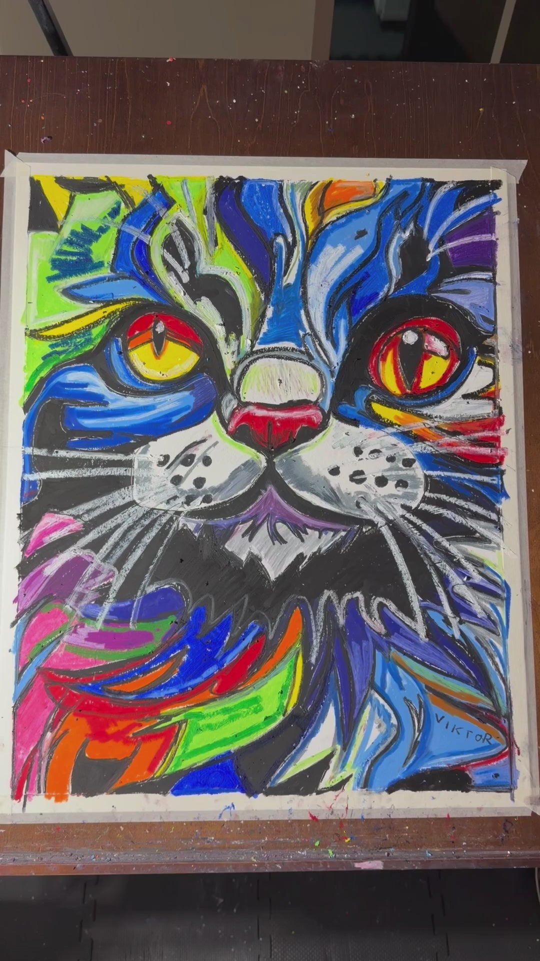 Vibrant Cat - ORIGINAL OIL PASTEL ARTWORK - 19x24" (video attached)