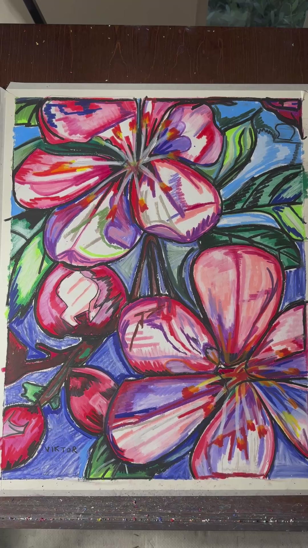 Pink Hibiscus - ORIGINAL OIL PASTEL ARTWORK - 19x24"(video attached)