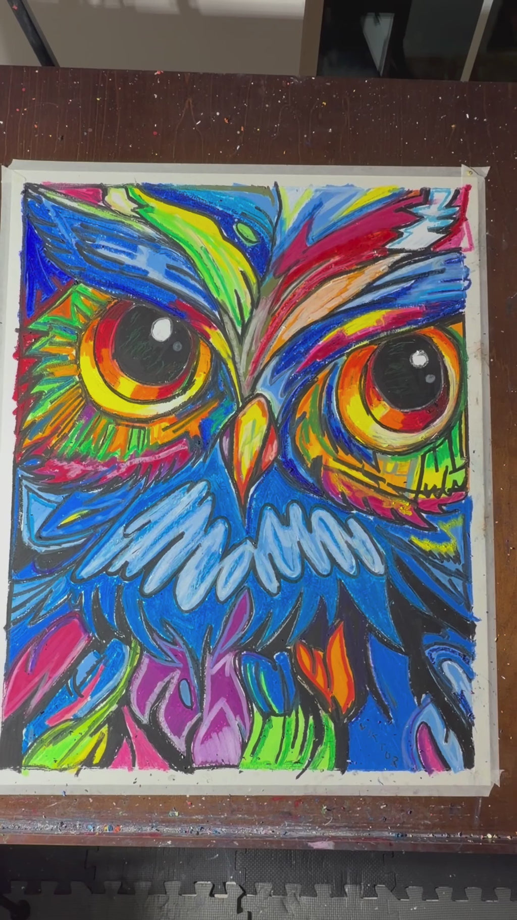 Vibrant Owl - ORIGINAL OIL PASTEL ARTWORK - 19x24" (video attached)