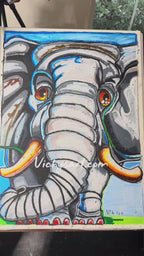 Azure Elephant - ORIGINAL OIL PASTEL ARTWORK - 22x30" (see the video)