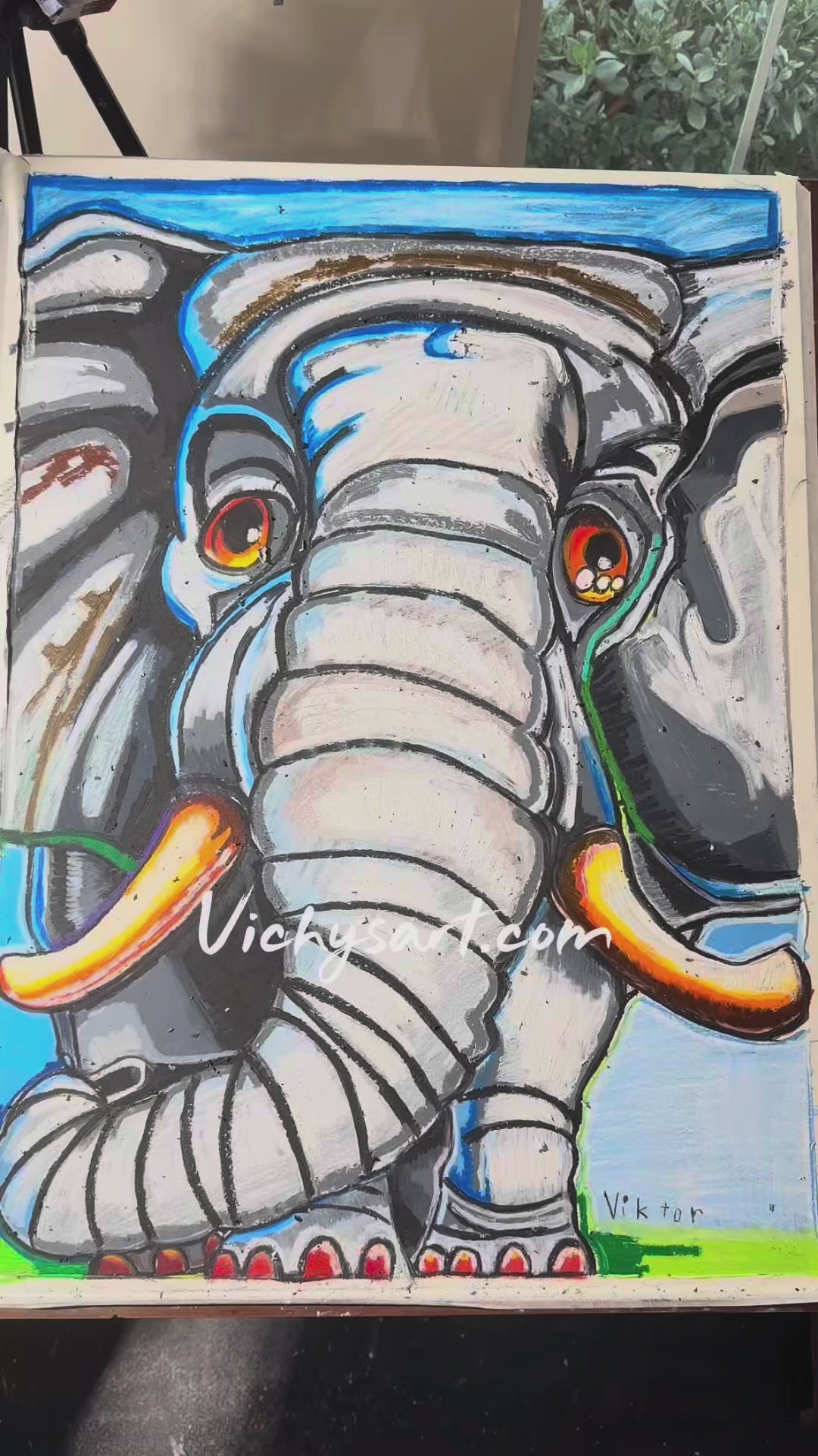 Azure Elephant - ORIGINAL OIL PASTEL ARTWORK - 22x30" (see the video)