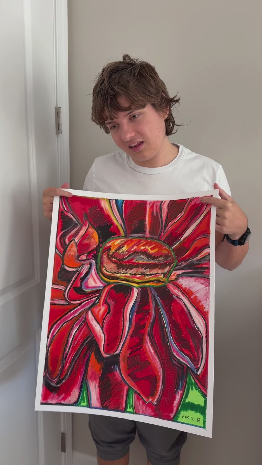 Red Zinnia - ORIGINAL OIL PASTEL ARTWORK - 19x24" (video attached)