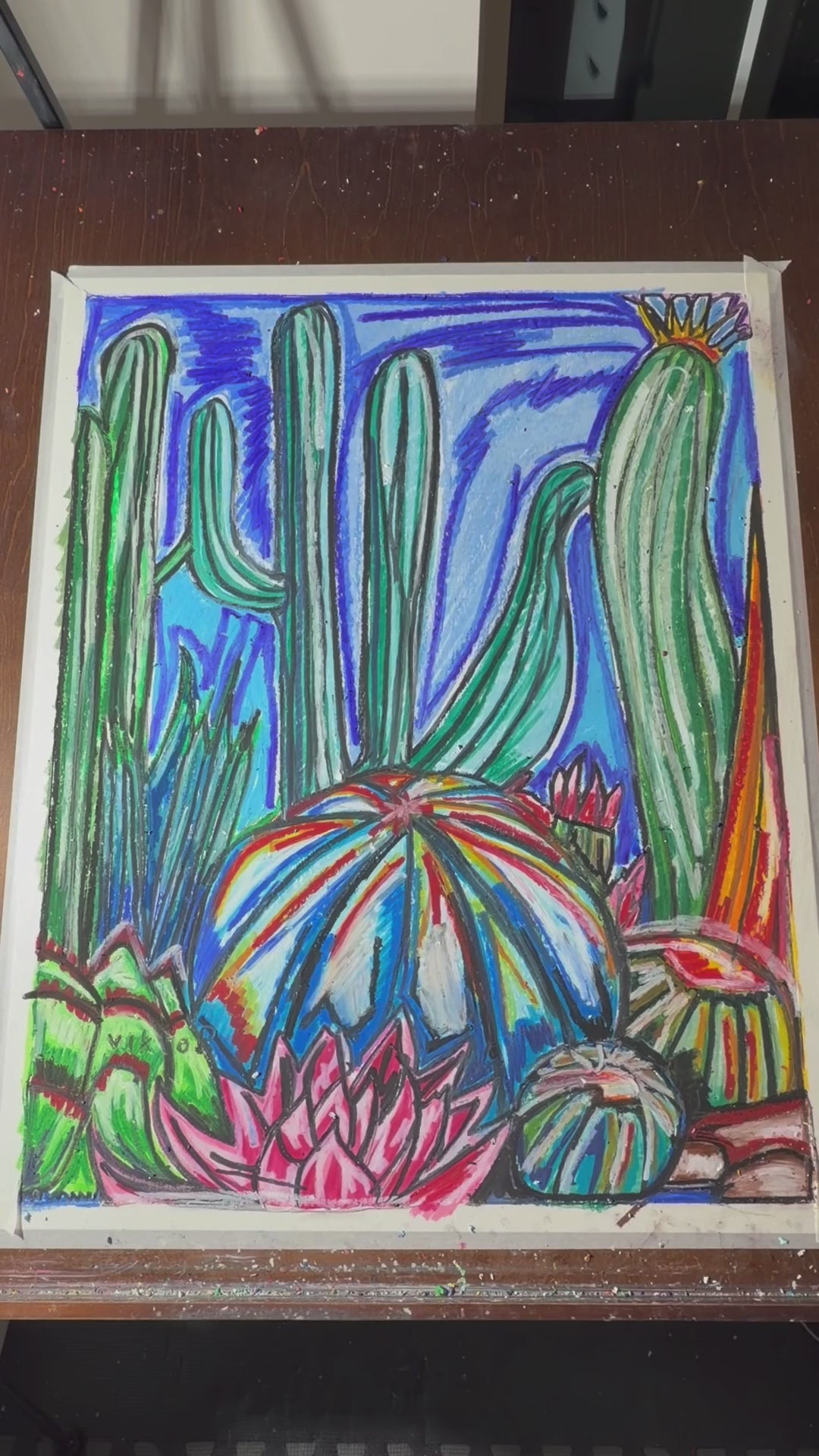 Desert Cactus - ORIGINAL OIL PASTEL ARTWORK - 19x24"(video attached)