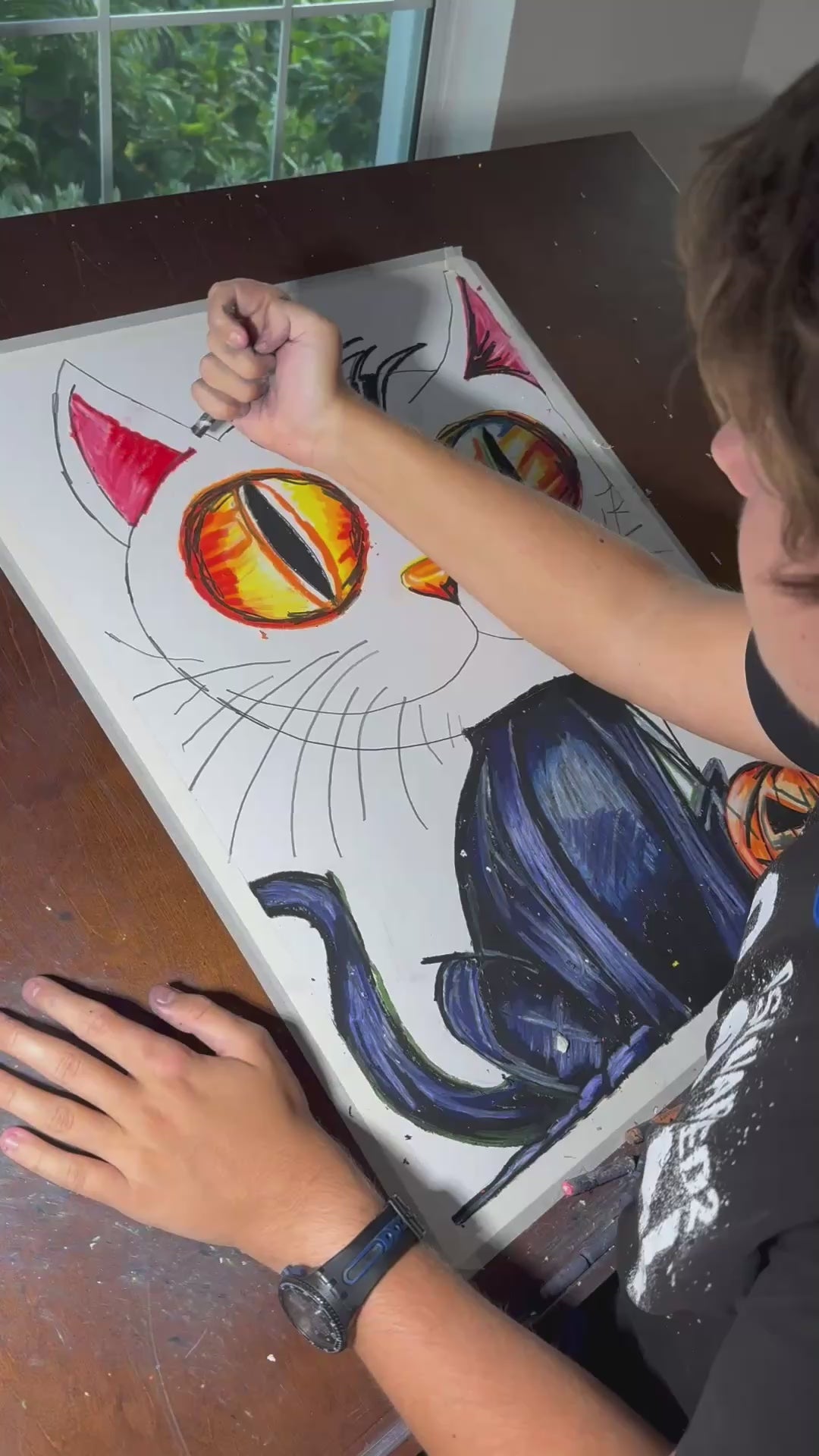 Halloween Cat - ORIGINAL OIL PASTEL ARTWORK - 19x24" (video attached)