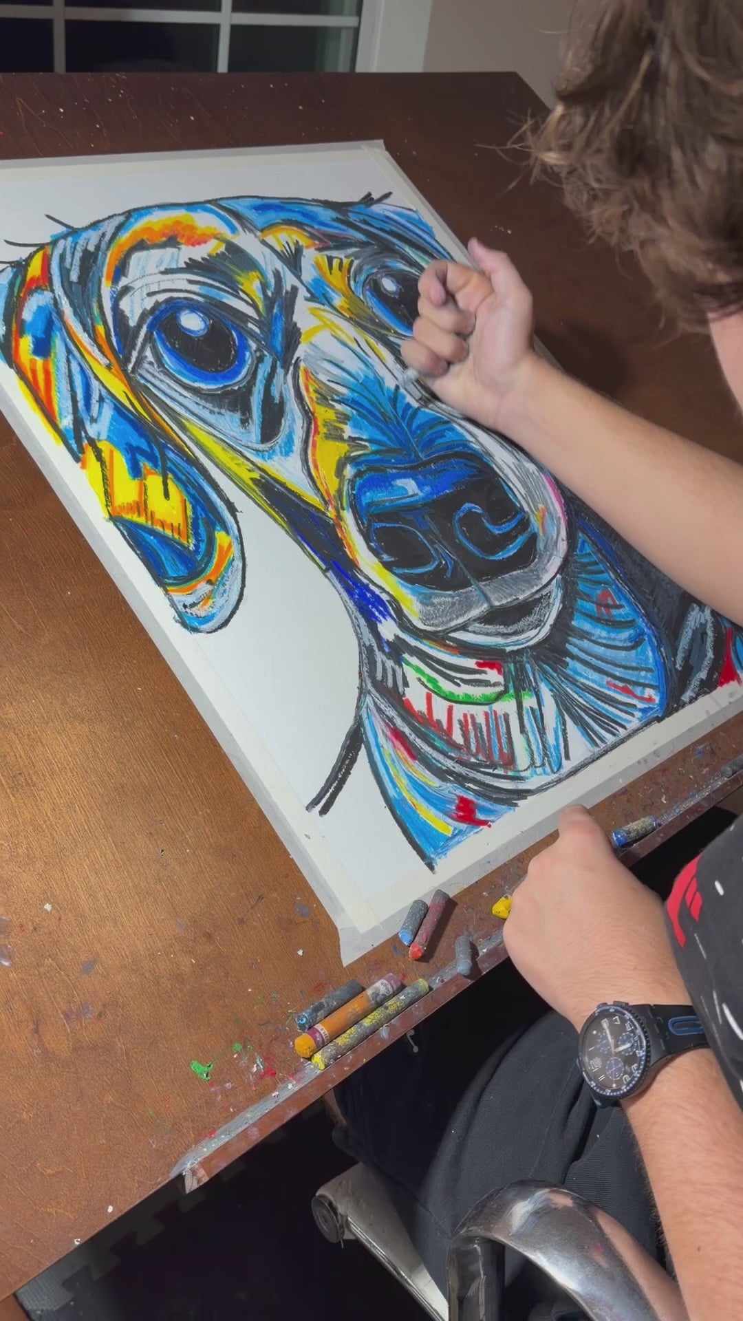 Blue Doxie - ORIGINAL OIL PASTEL ARTWORK - 19x24" (video attached)