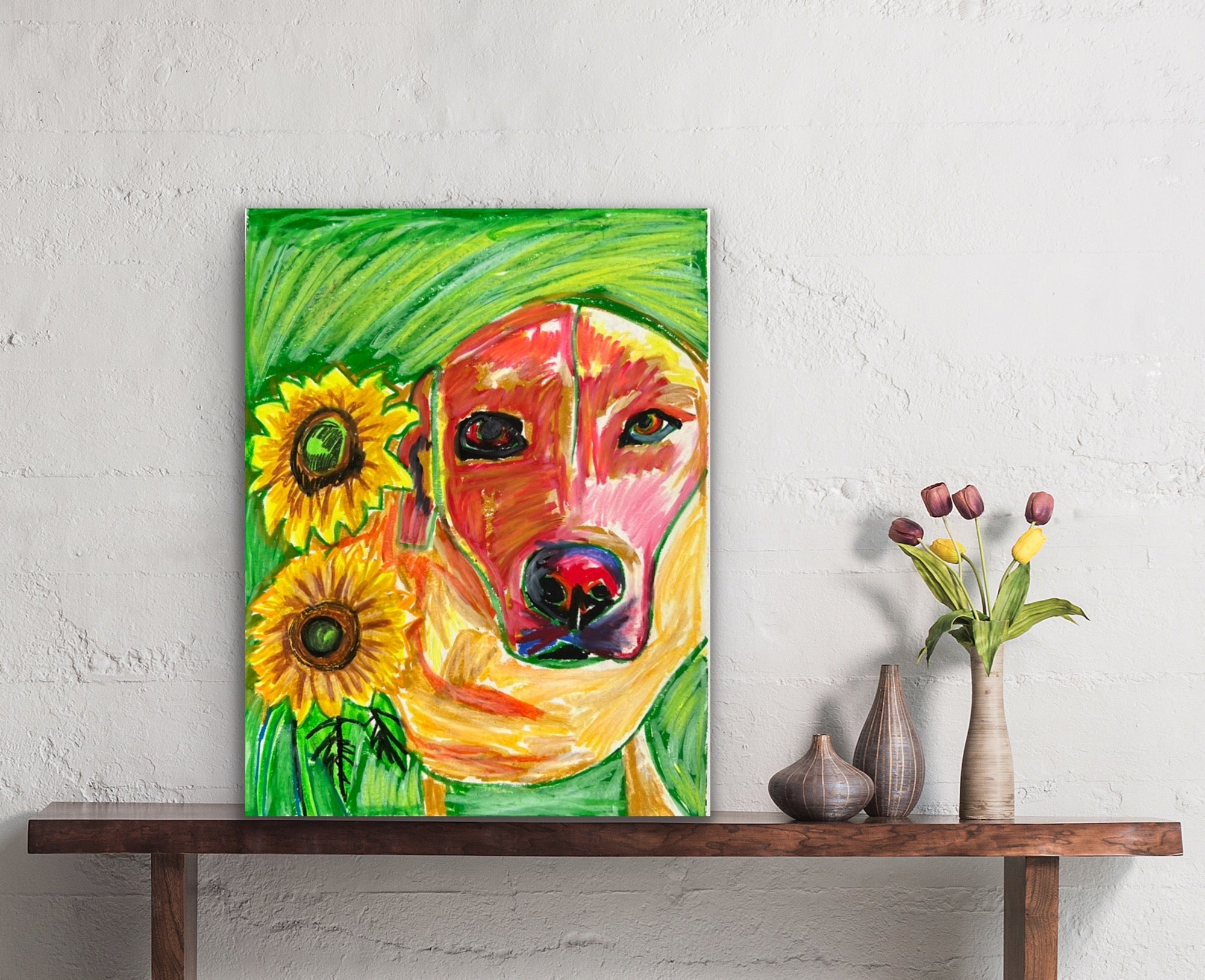Lab and the Sunflowers - ORIGINAL OIL PASTEL ARTWORK - 11x14"