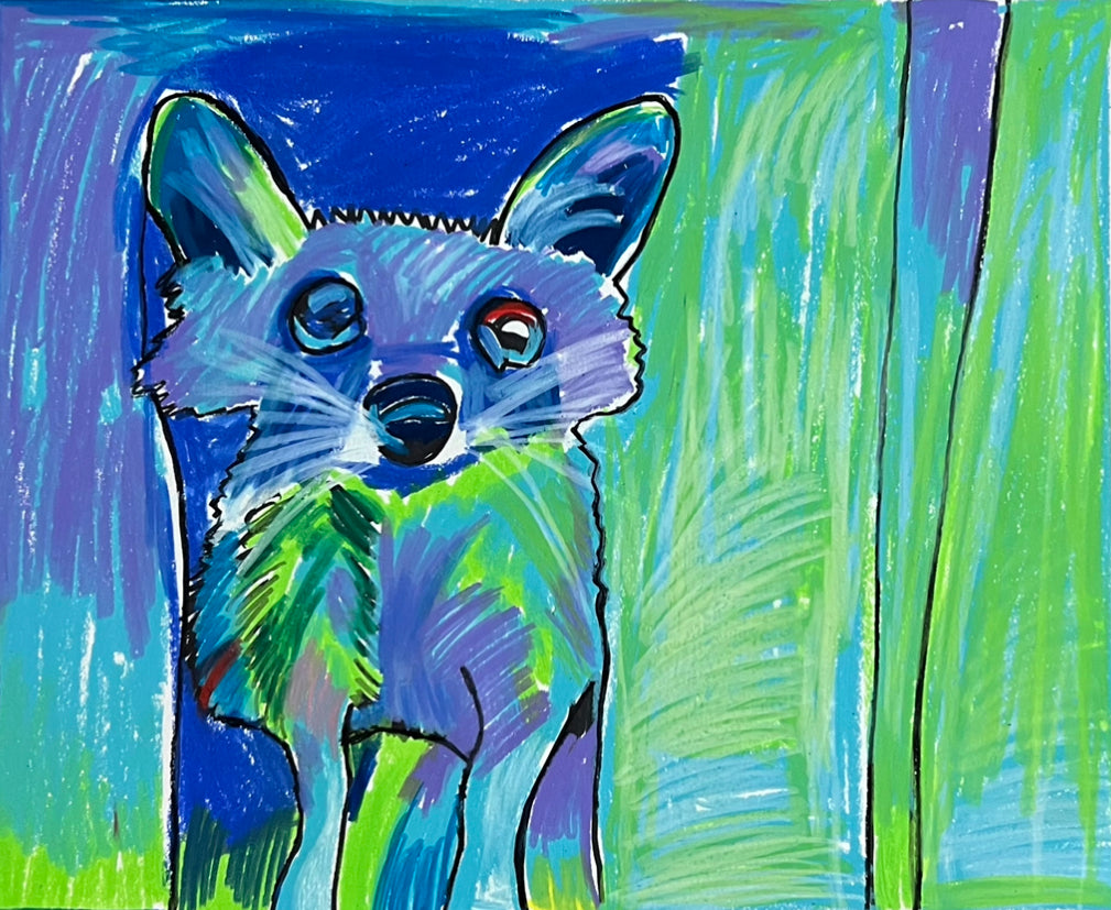 Blue Raccoon - ORIGINAL  OIL PASTEL ARTWORK - 14x17""