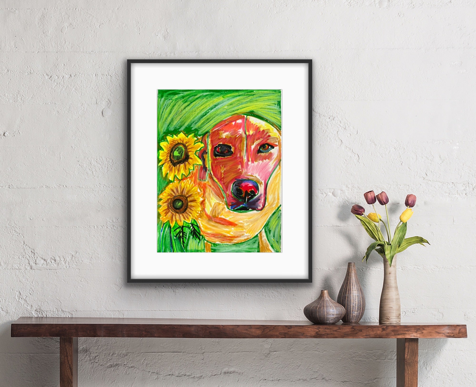 Lab and the Sunflowers - ORIGINAL OIL PASTEL ARTWORK - 11x14"