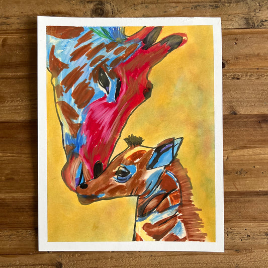 Mom and Baby Giraffe - Original oil pastel artwork -  FRAMED - 14x17”