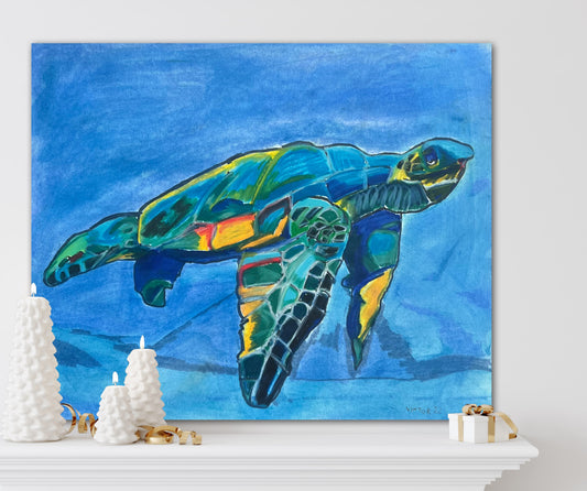 Blue Turtle - ORIGINAL OIL PASTEL - 14x17”