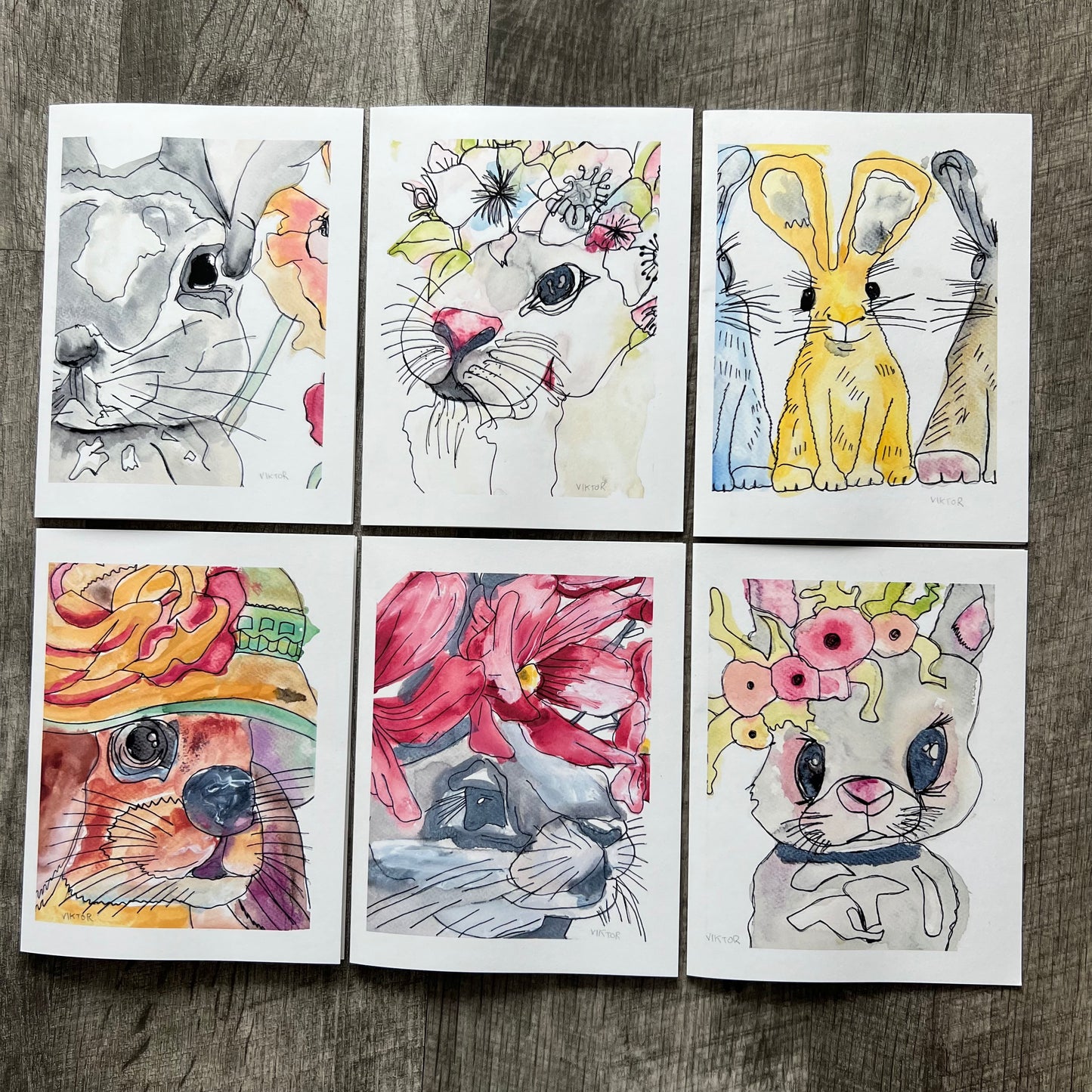 Bunny with Flowers - Greeting cards set of 6