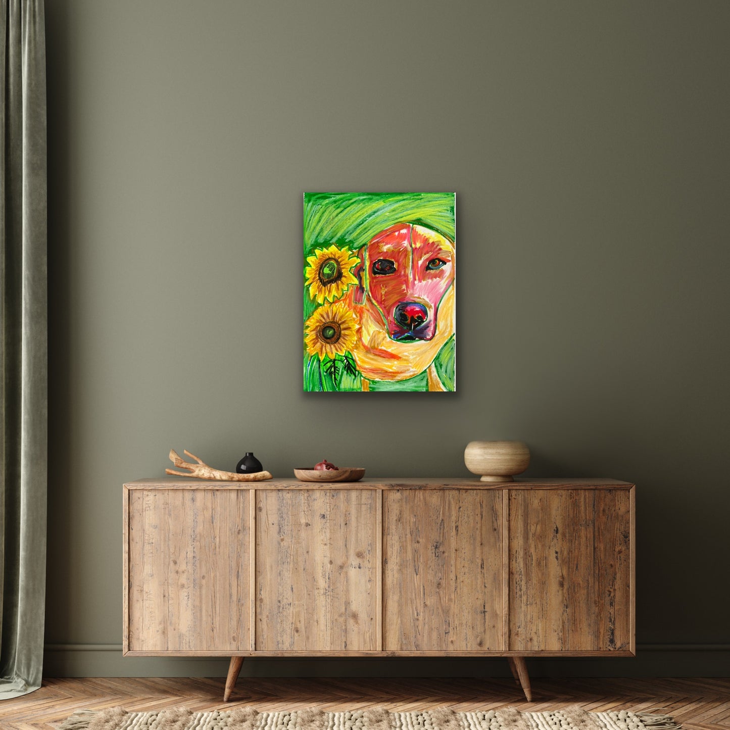 Labrador and the sunflowers - Stretched Canvas Print in more sizes