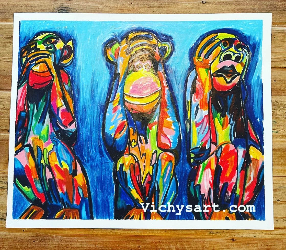 Three Monkeys - ORIGINAL  14x17” - Vichy's Art